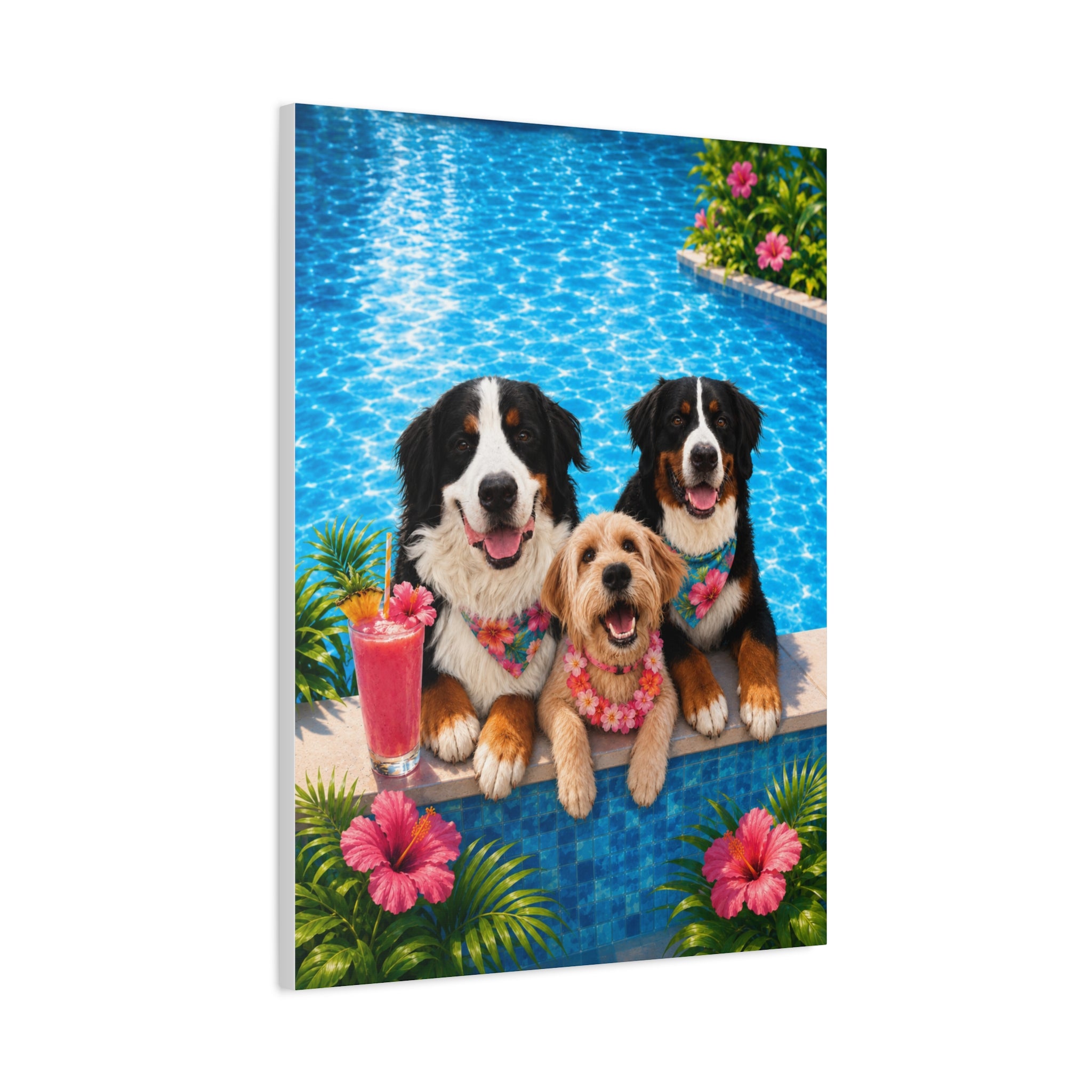 Pool Pawty Personalized Pet Canvas — Custom Tropical Portrait Stretched Canvas Wall Art, 1-3 Pets