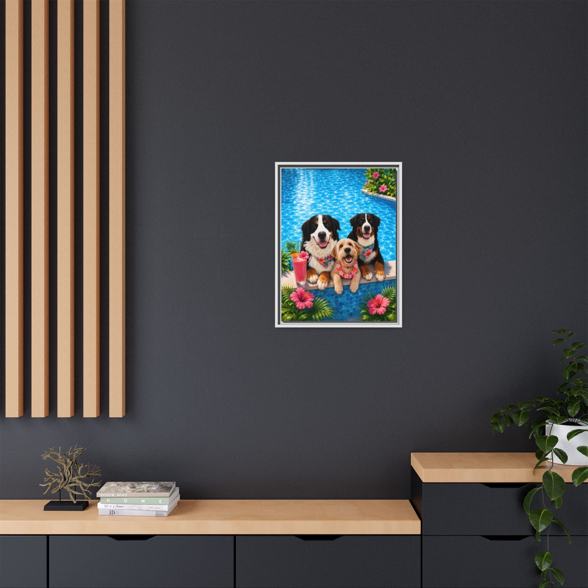 Pool Pawty Personalized Pet Framed Canvas — Custom Tropical Portrait Framed Wall Art, 1-3 Pets