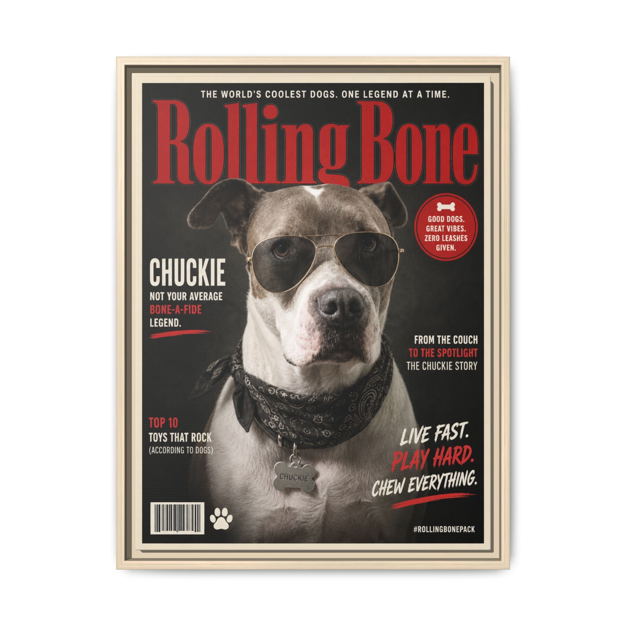 Rolling Bone Magazine Personalized Pet Framed Canvas — Custom Dog Portrait Framed Canvas Wall Art, Made to Order
