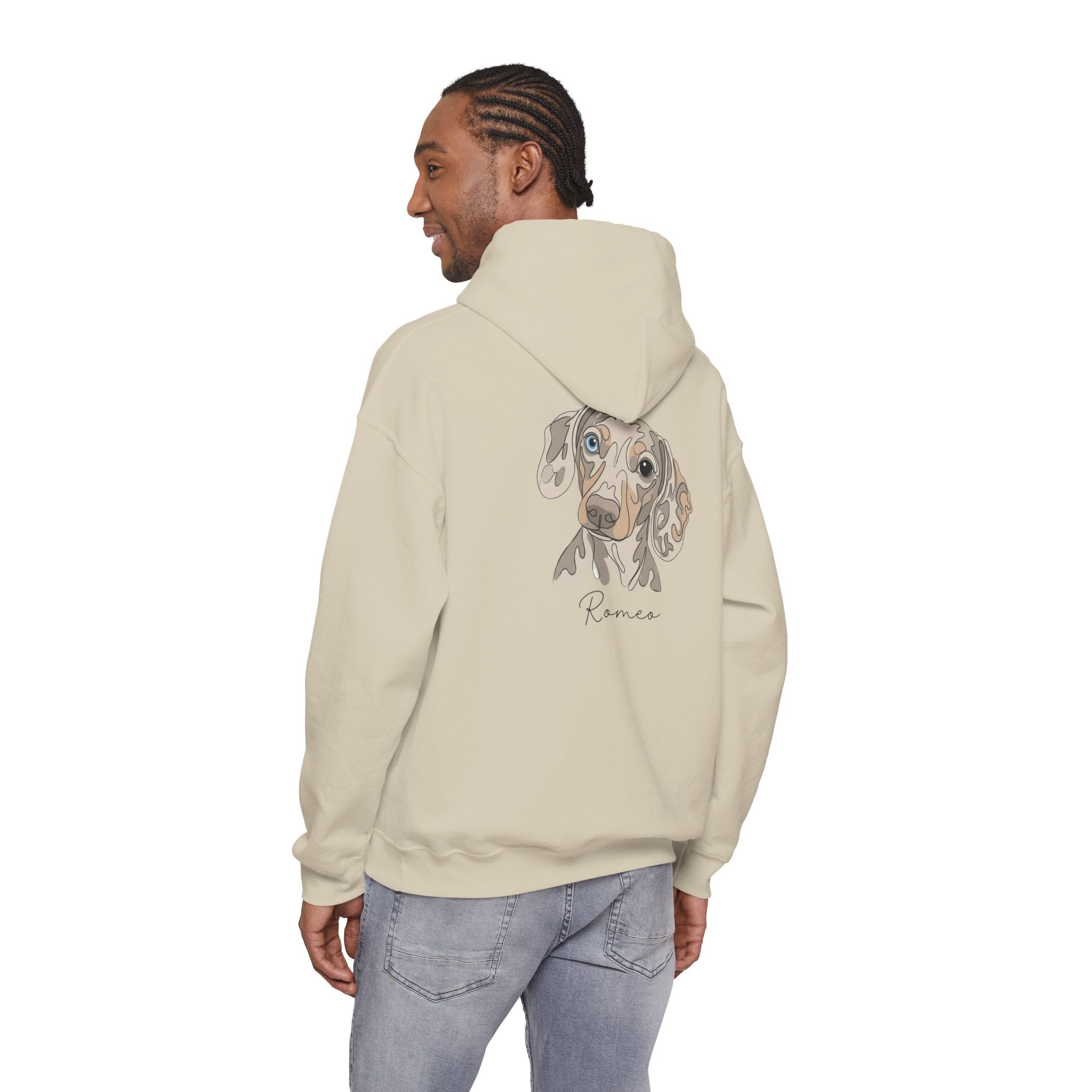 Romeo Personalized Dog Portrait Hoodie — "ROMEO" Front Text & Custom Back Pet Illustration