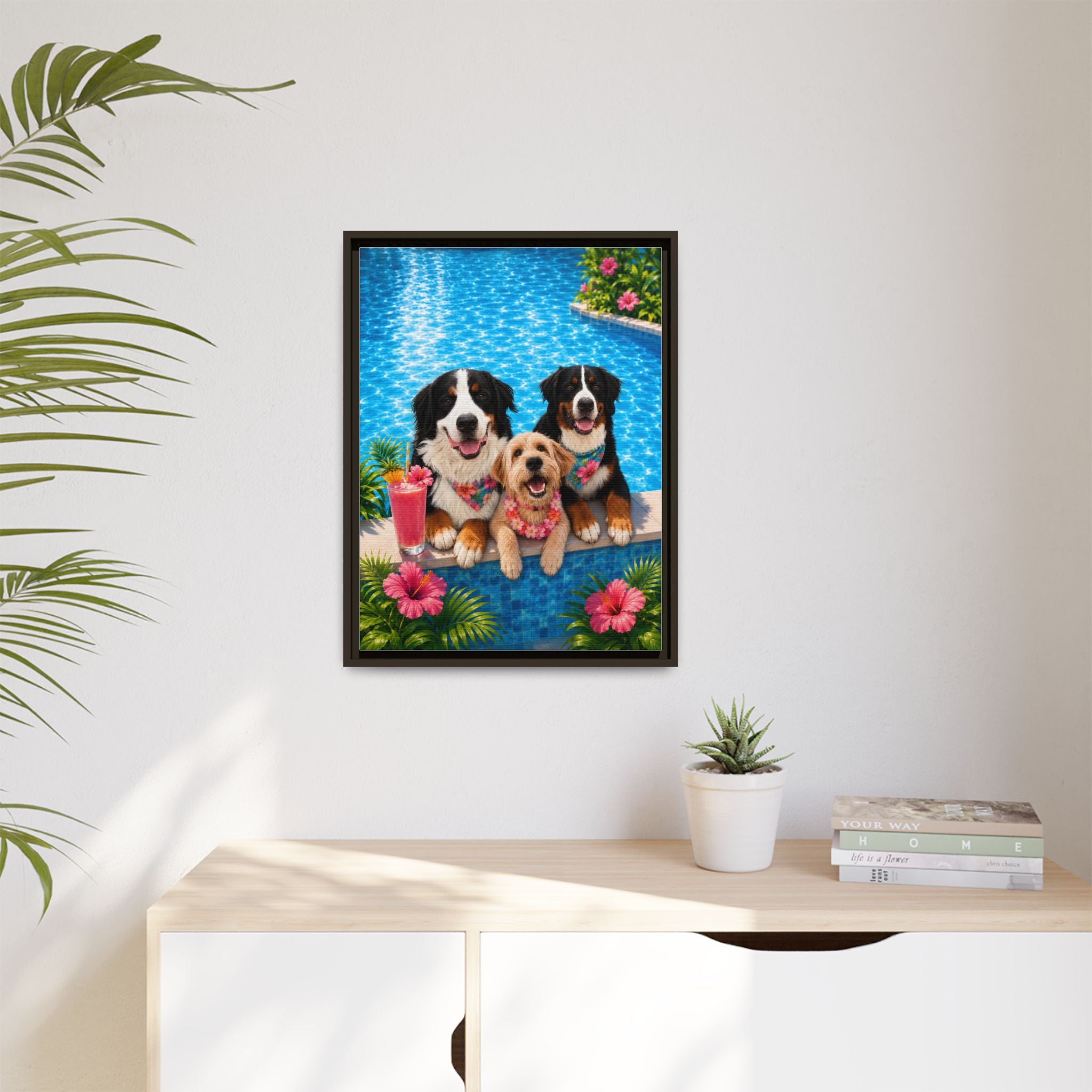 Pool Pawty Personalized Pet Framed Canvas — Custom Tropical Portrait Framed Wall Art, 1-3 Pets