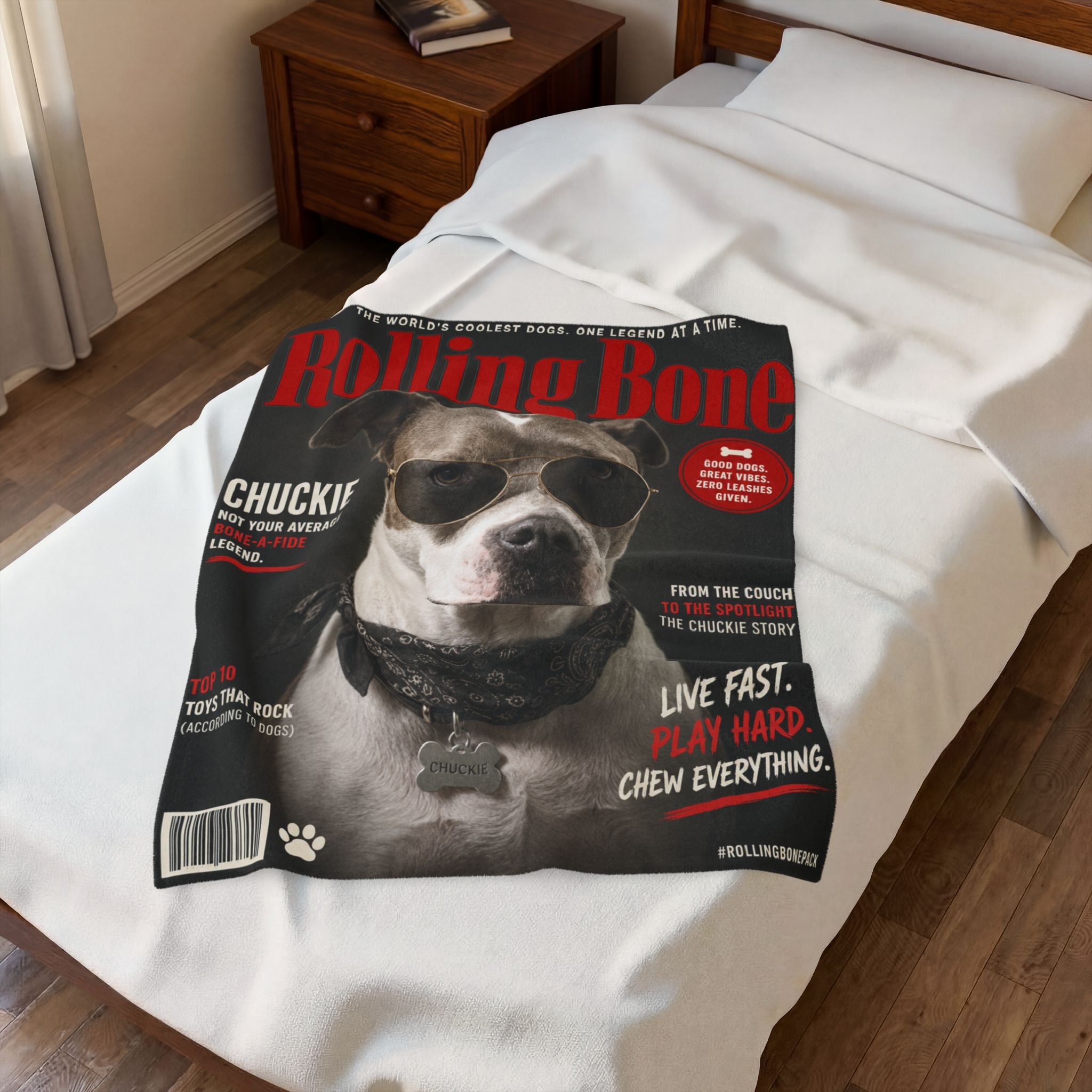 Rolling Bone Magazine Personalized Pet Blanket — Funny Cover Star Pet Velveteen Plush Throw, 3 Sizes