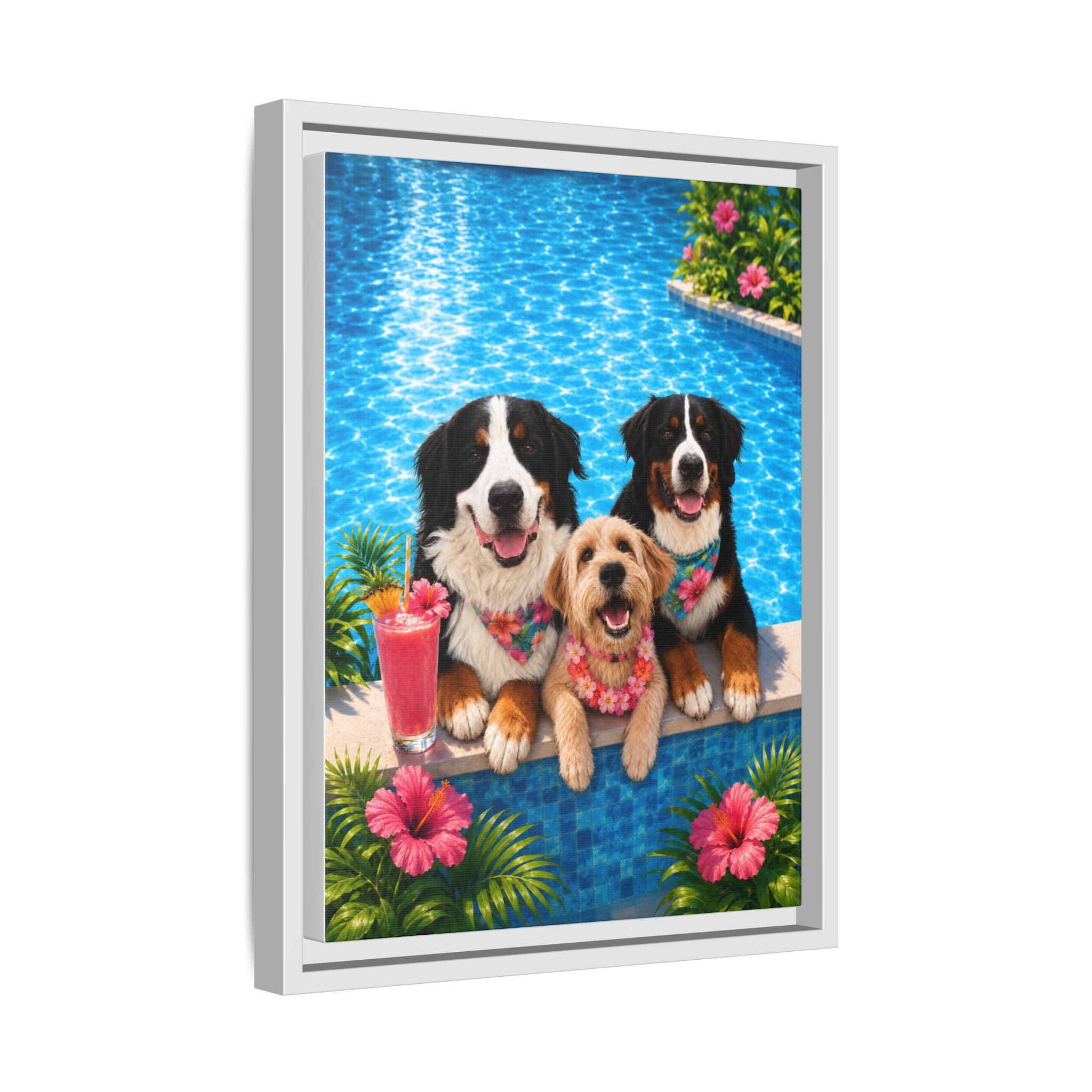 Pool Pawty Personalized Pet Framed Canvas — Custom Tropical Portrait Framed Wall Art, 1-3 Pets