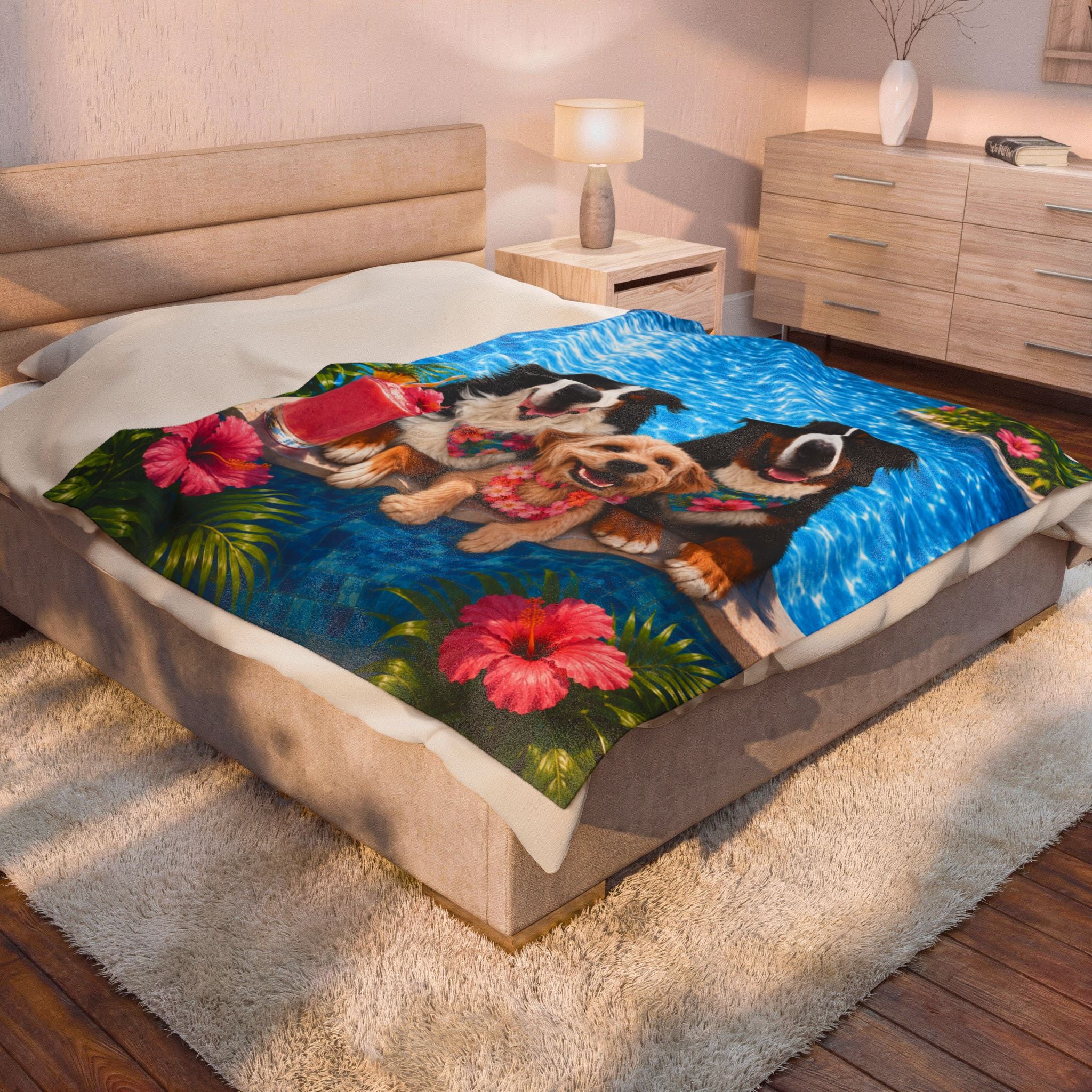 Pool Pawty Personalized Pet Blanket — Custom Tropical Portrait Velveteen Plush Throw, 3 Sizes