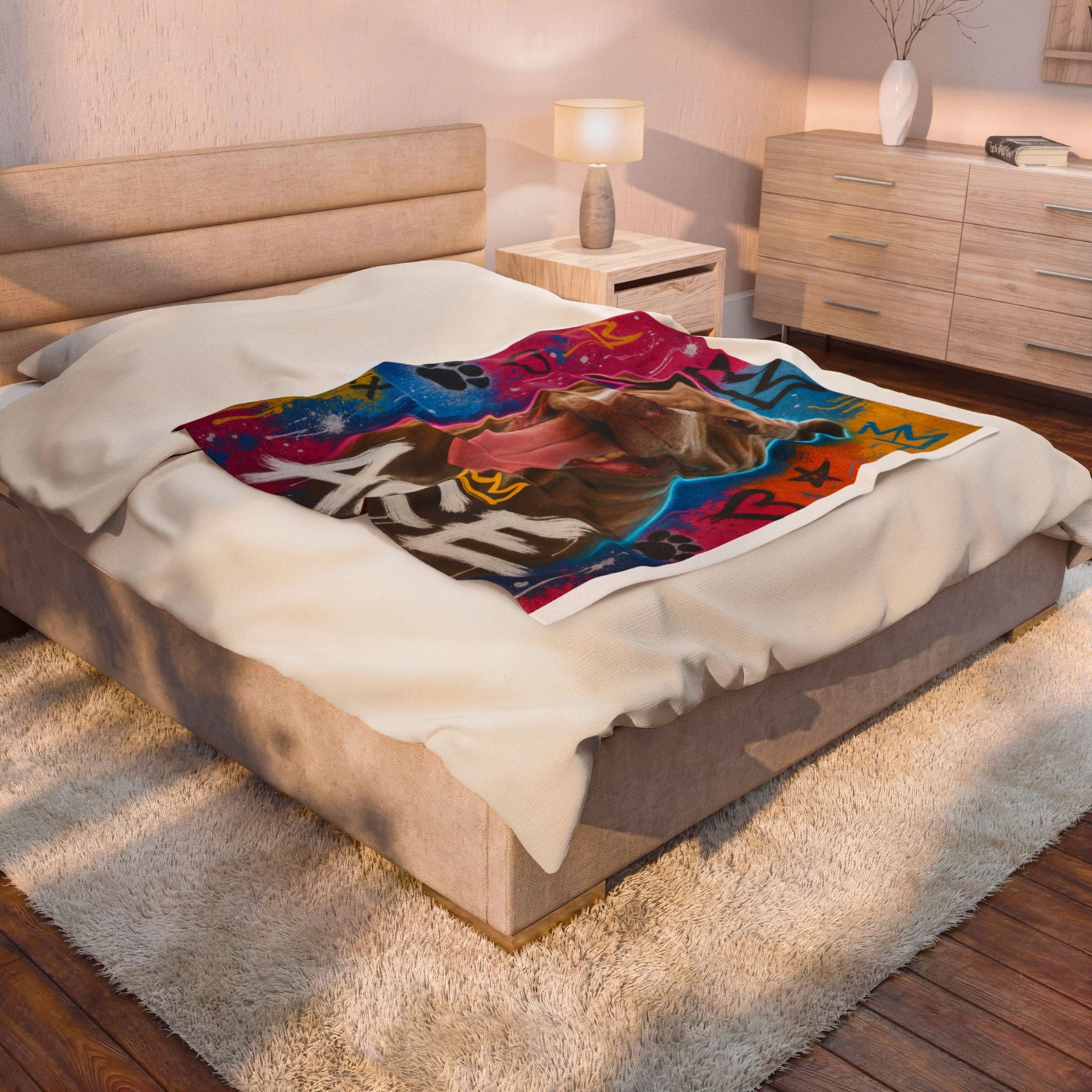 Street Art Personalized Pet Blanket — Custom Graffiti Portrait Velveteen Plush Throw, 3 Sizes