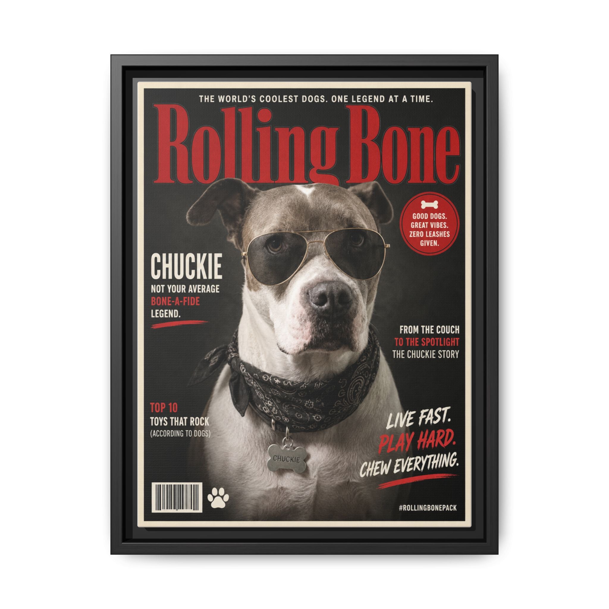 Rolling Bone Magazine Personalized Pet Framed Canvas — Custom Dog Portrait Framed Canvas Wall Art, Made to Order