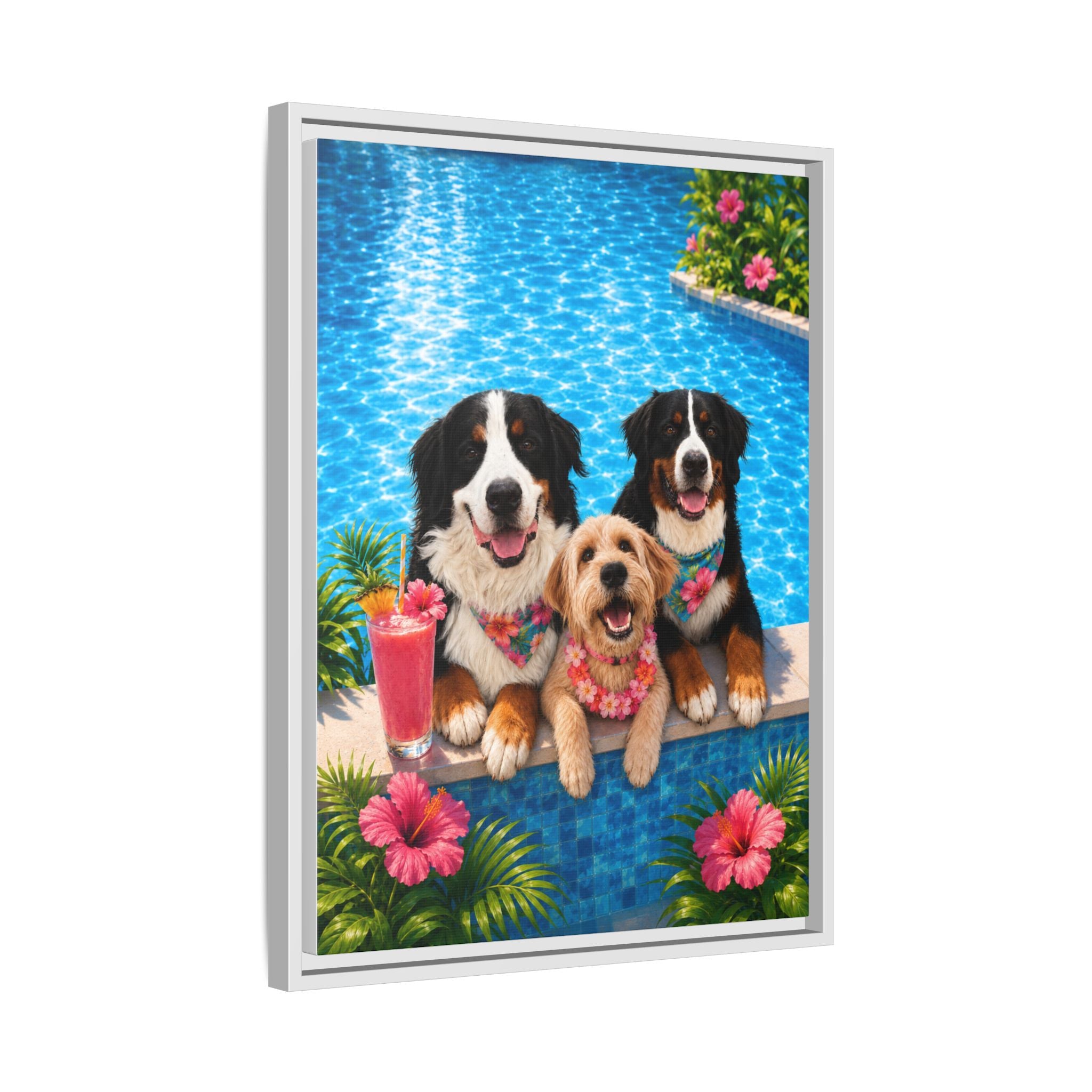 Pool Pawty Personalized Pet Framed Canvas — Custom Tropical Portrait Framed Wall Art, 1-3 Pets