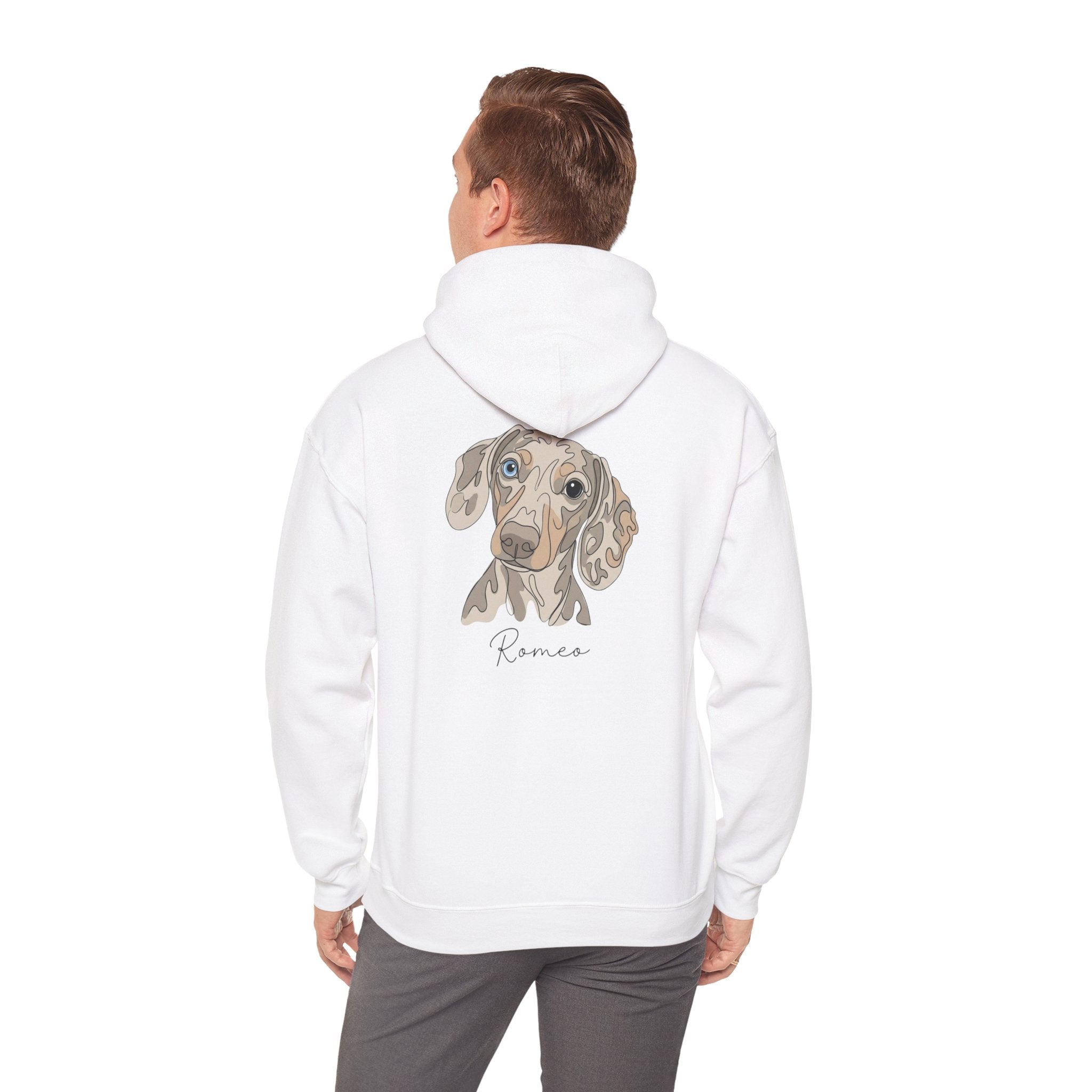 Romeo Personalized Dog Portrait Hoodie — "ROMEO" Front Text & Custom Back Pet Illustration