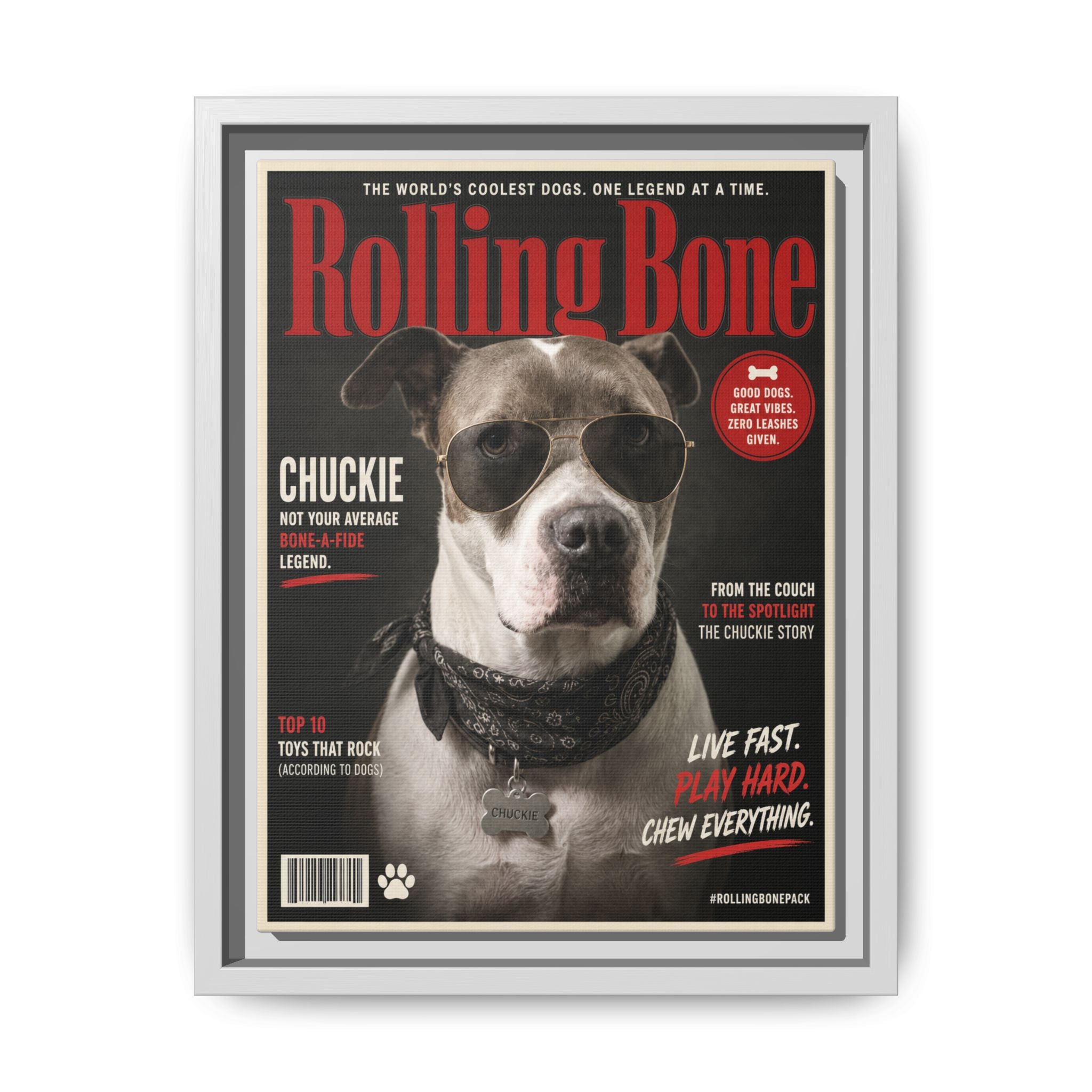 Rolling Bone Magazine Personalized Pet Framed Canvas — Custom Dog Portrait Framed Canvas Wall Art, Made to Order