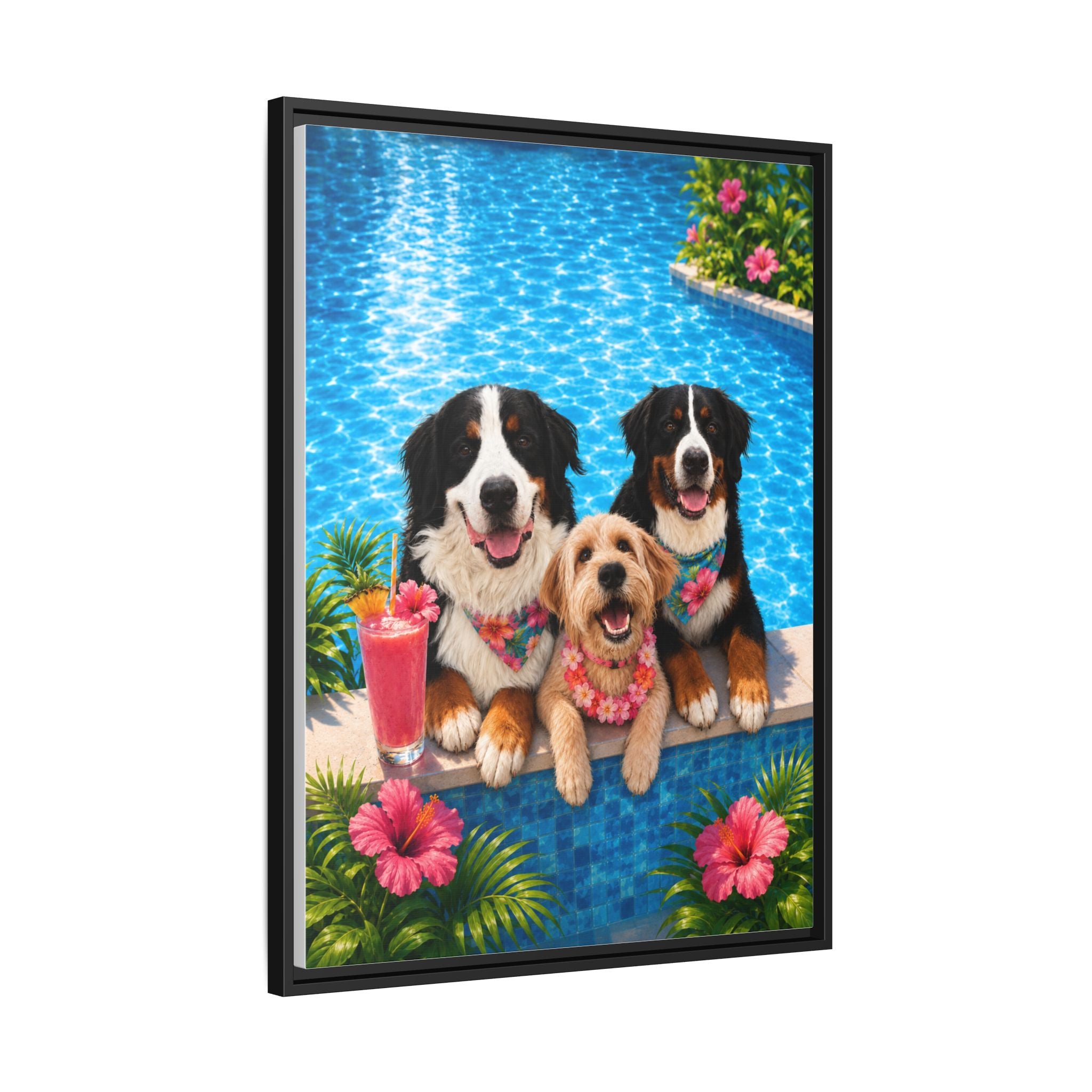 Pool Pawty Personalized Pet Framed Canvas — Custom Tropical Portrait Framed Wall Art, 1-3 Pets
