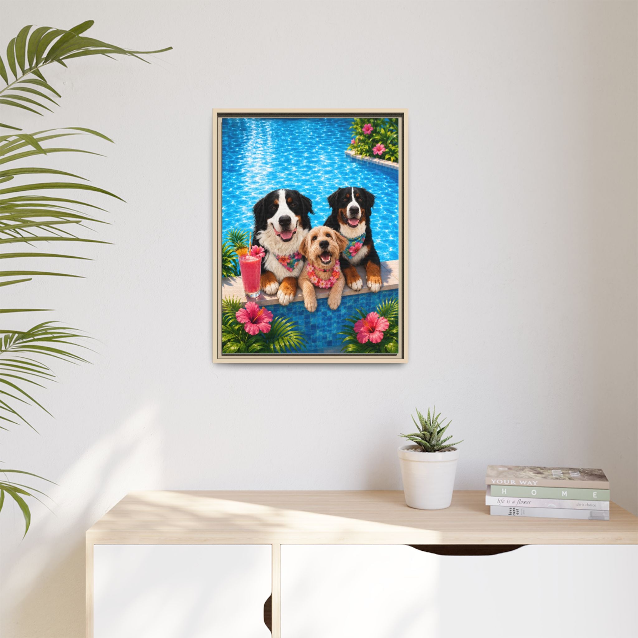 Pool Pawty Personalized Pet Framed Canvas — Custom Tropical Portrait Framed Wall Art, 1-3 Pets