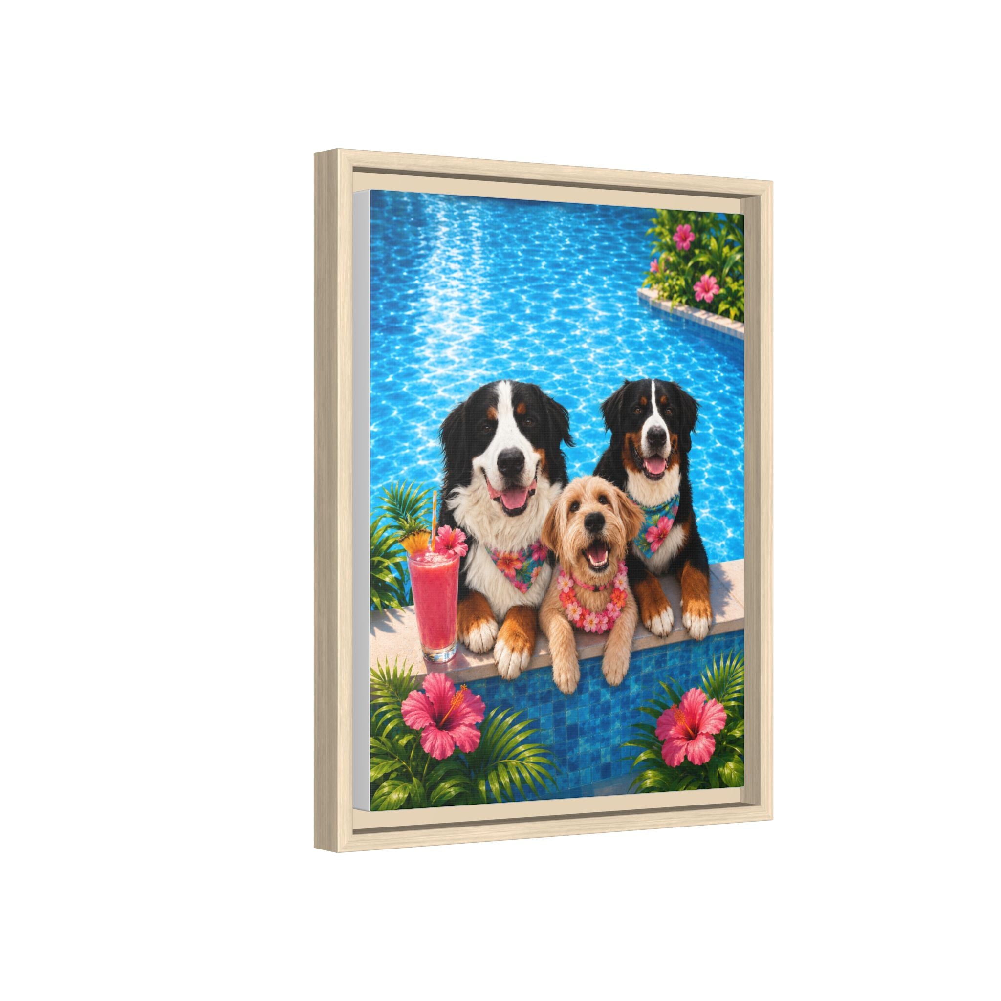 Pool Pawty Personalized Pet Framed Canvas — Custom Tropical Portrait Framed Wall Art, 1-3 Pets