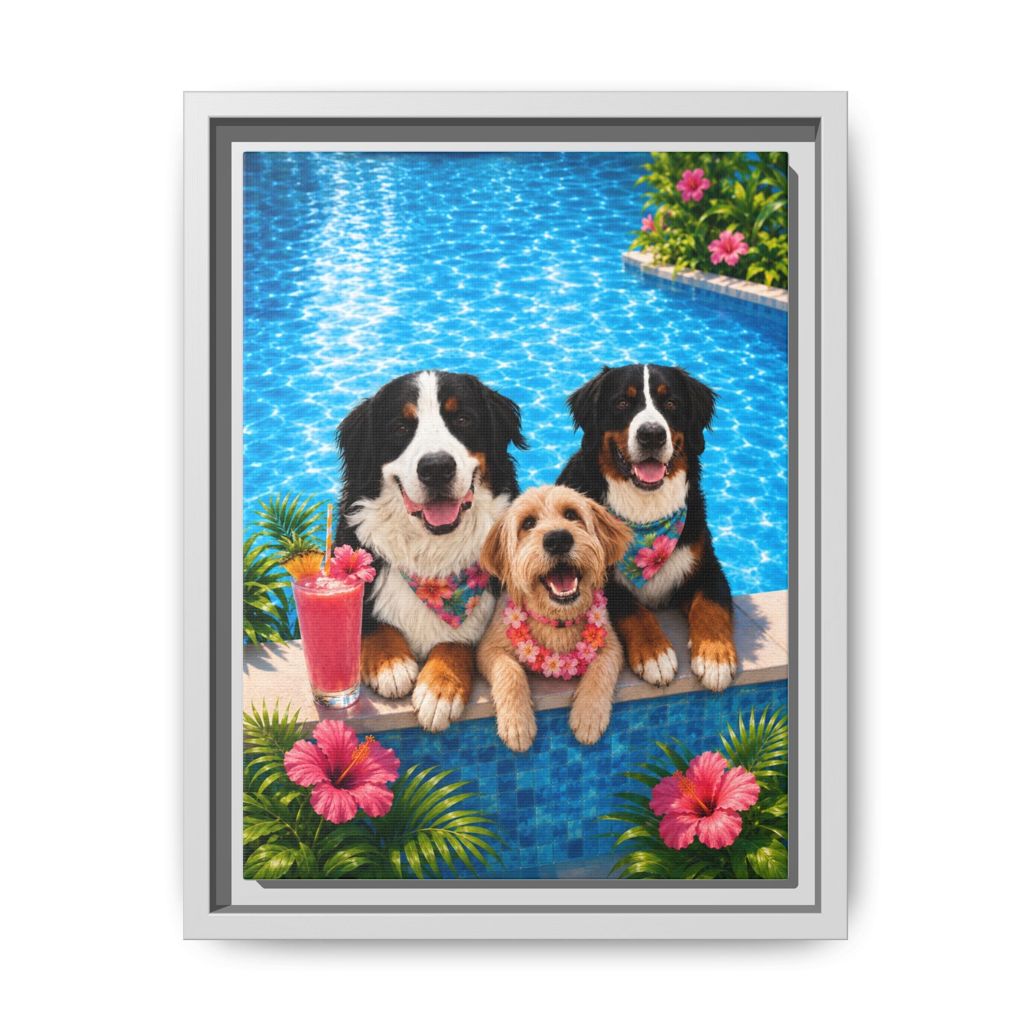 Pool Pawty Personalized Pet Framed Canvas — Custom Tropical Portrait Framed Wall Art, 1-3 Pets