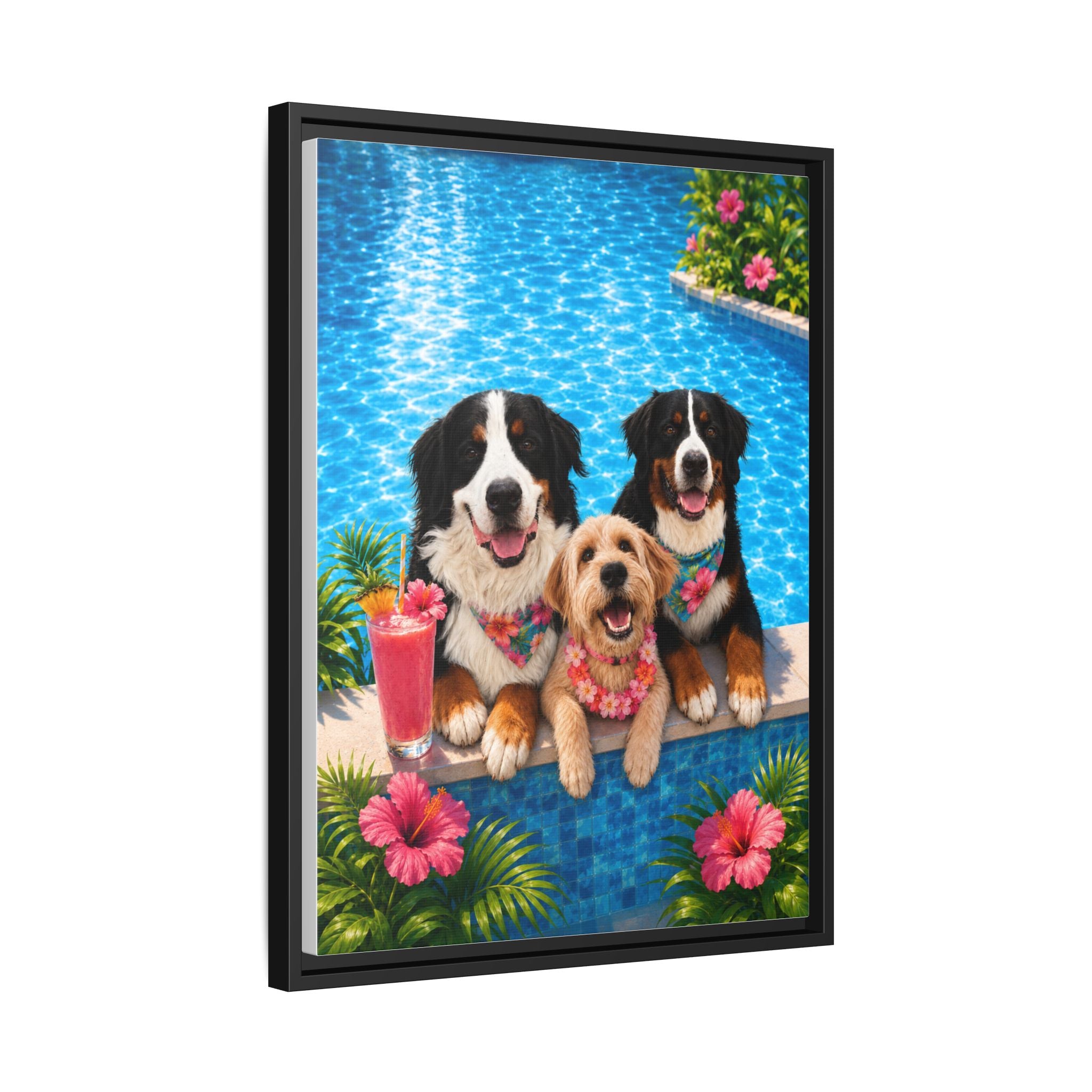 Pool Pawty Personalized Pet Framed Canvas — Custom Tropical Portrait Framed Wall Art, 1-3 Pets