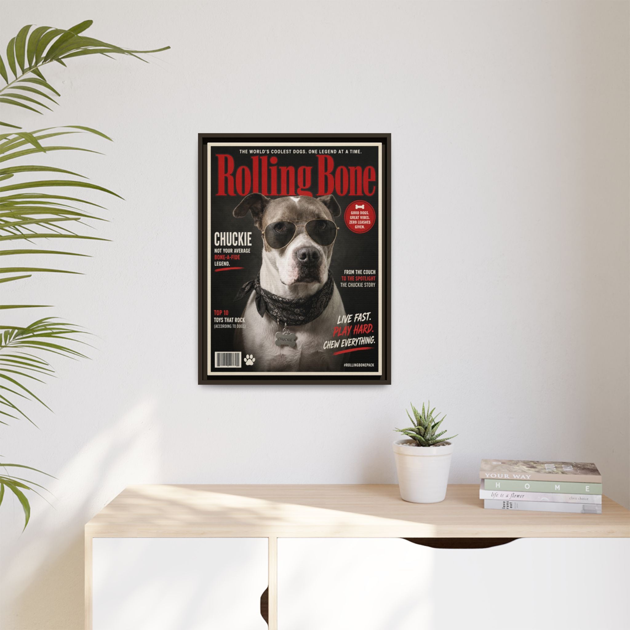 Rolling Bone Magazine Personalized Pet Framed Canvas — Custom Dog Portrait Framed Canvas Wall Art, Made to Order