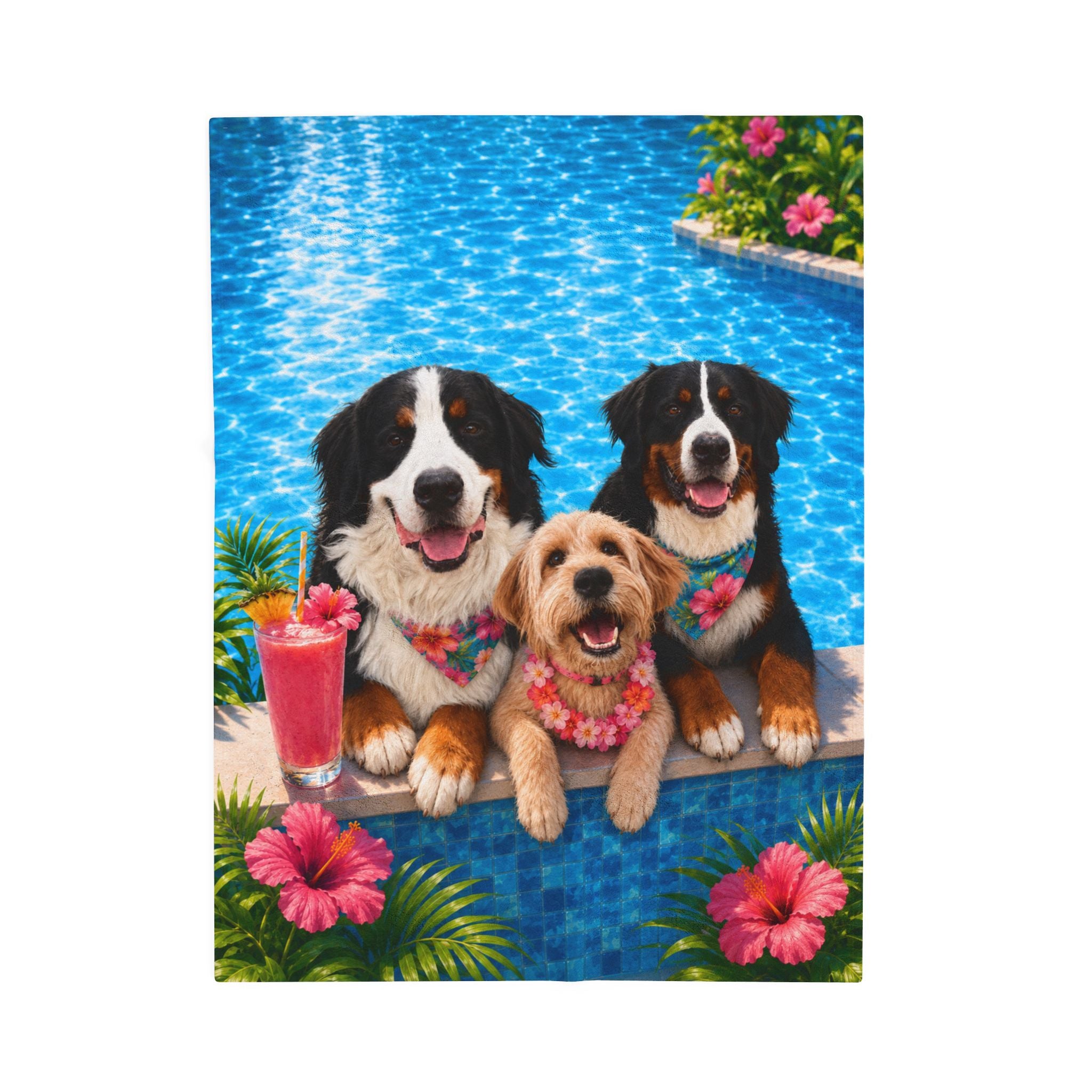 Pool Pawty Personalized Pet Blanket — Custom Tropical Portrait Velveteen Plush Throw, 3 Sizes