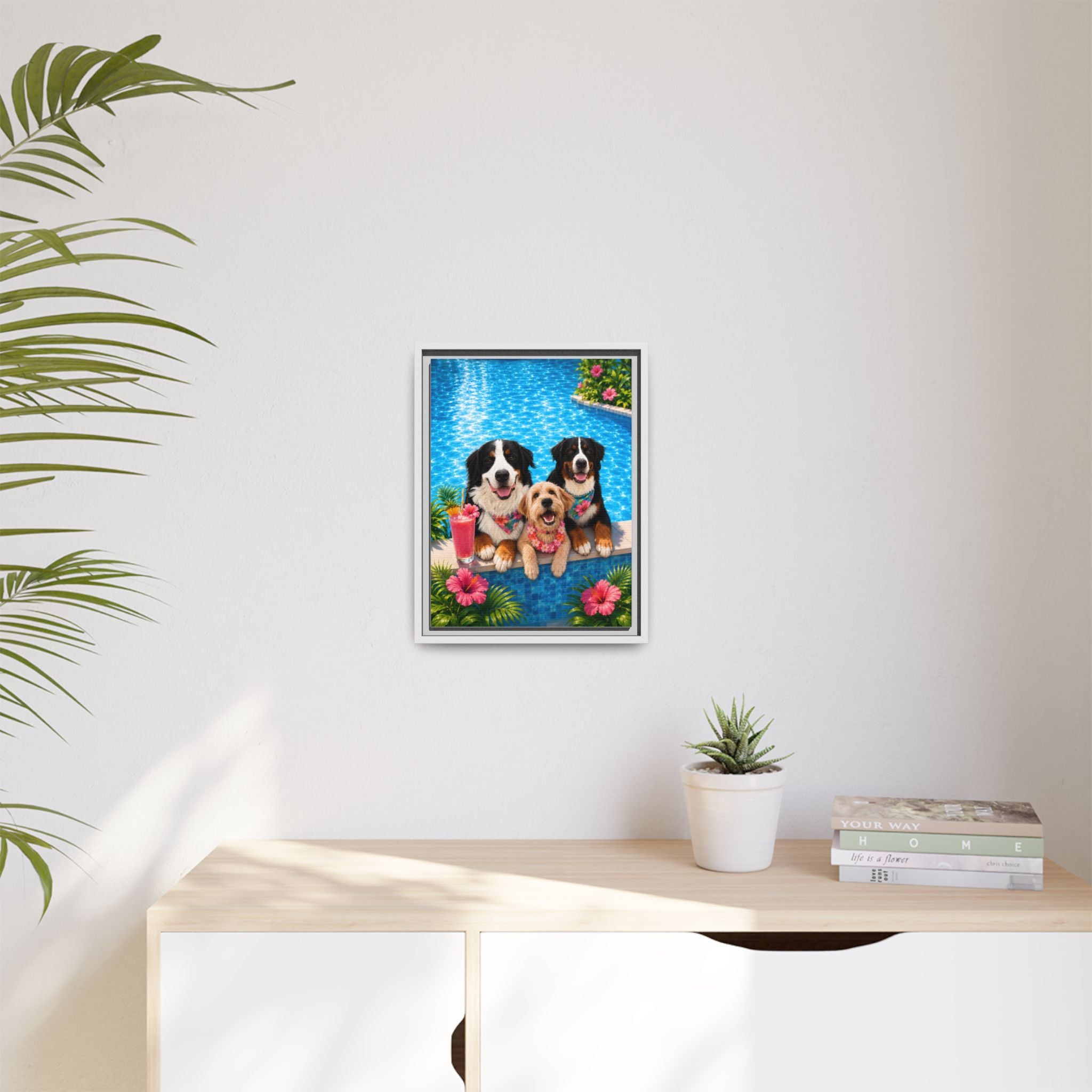 Pool Pawty Personalized Pet Framed Canvas — Custom Tropical Portrait Framed Wall Art, 1-3 Pets