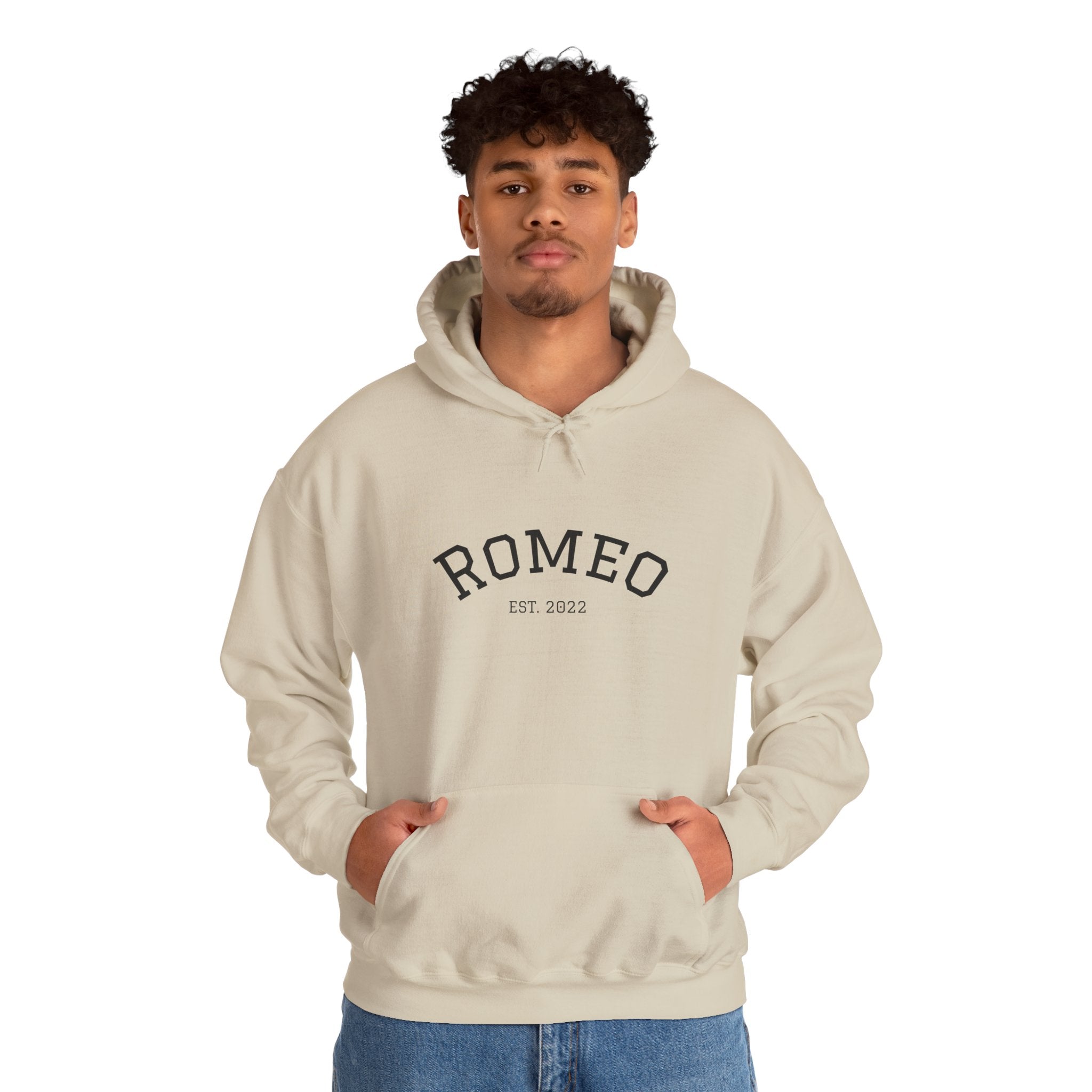 Romeo Personalized Dog Portrait Hoodie — "ROMEO" Front Text & Custom Back Pet Illustration