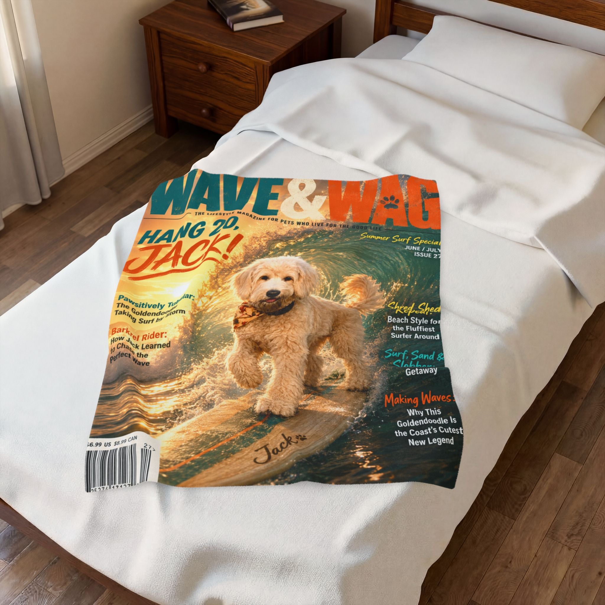 Wave & Wag Personalized Pet Blanket — Custom Surf Magazine Cover Velveteen Plush Throw, 3 Sizes