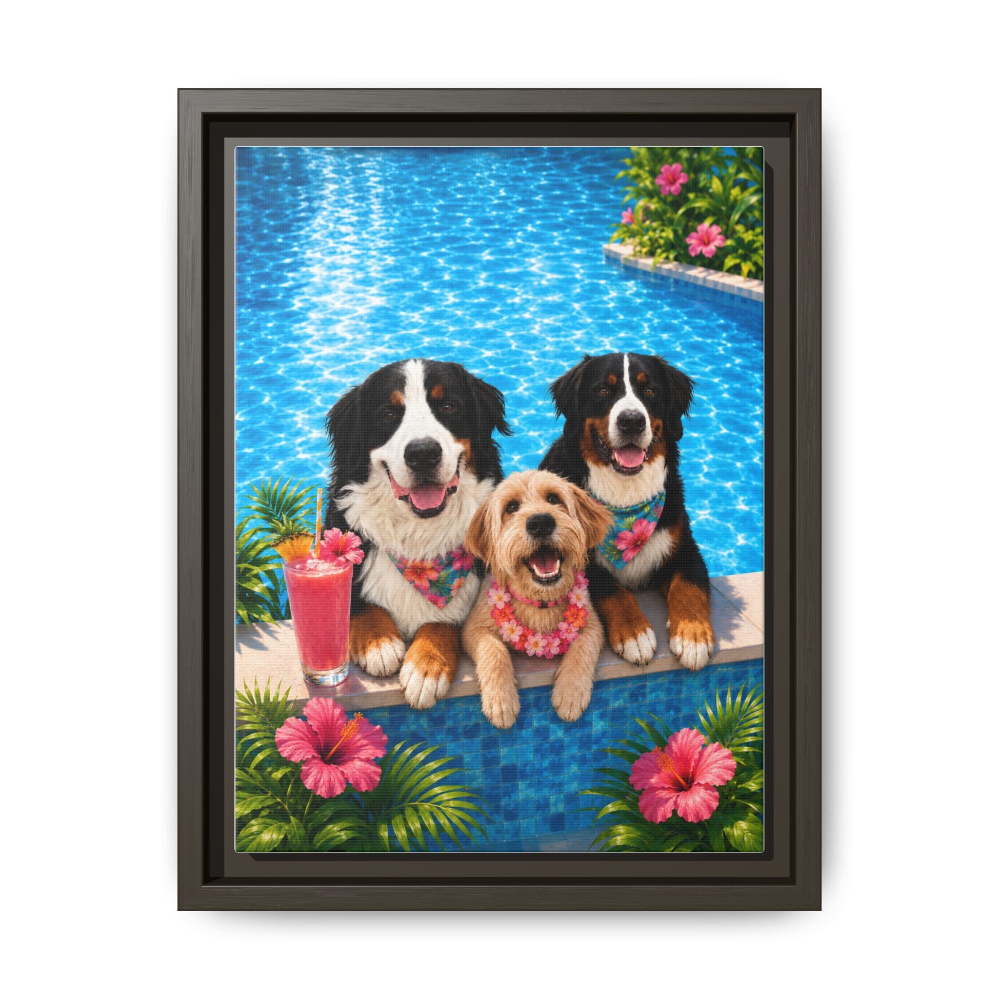 Pool Pawty Personalized Pet Framed Canvas — Custom Tropical Portrait Framed Wall Art, 1-3 Pets