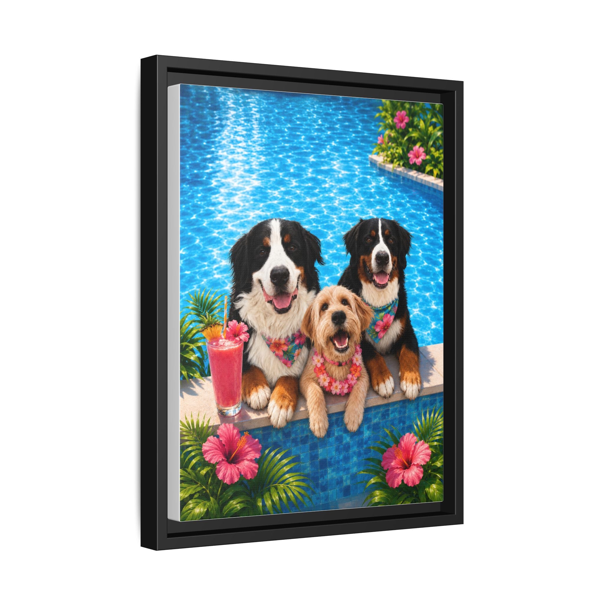 Pool Pawty Personalized Pet Framed Canvas — Custom Tropical Portrait Framed Wall Art, 1-3 Pets