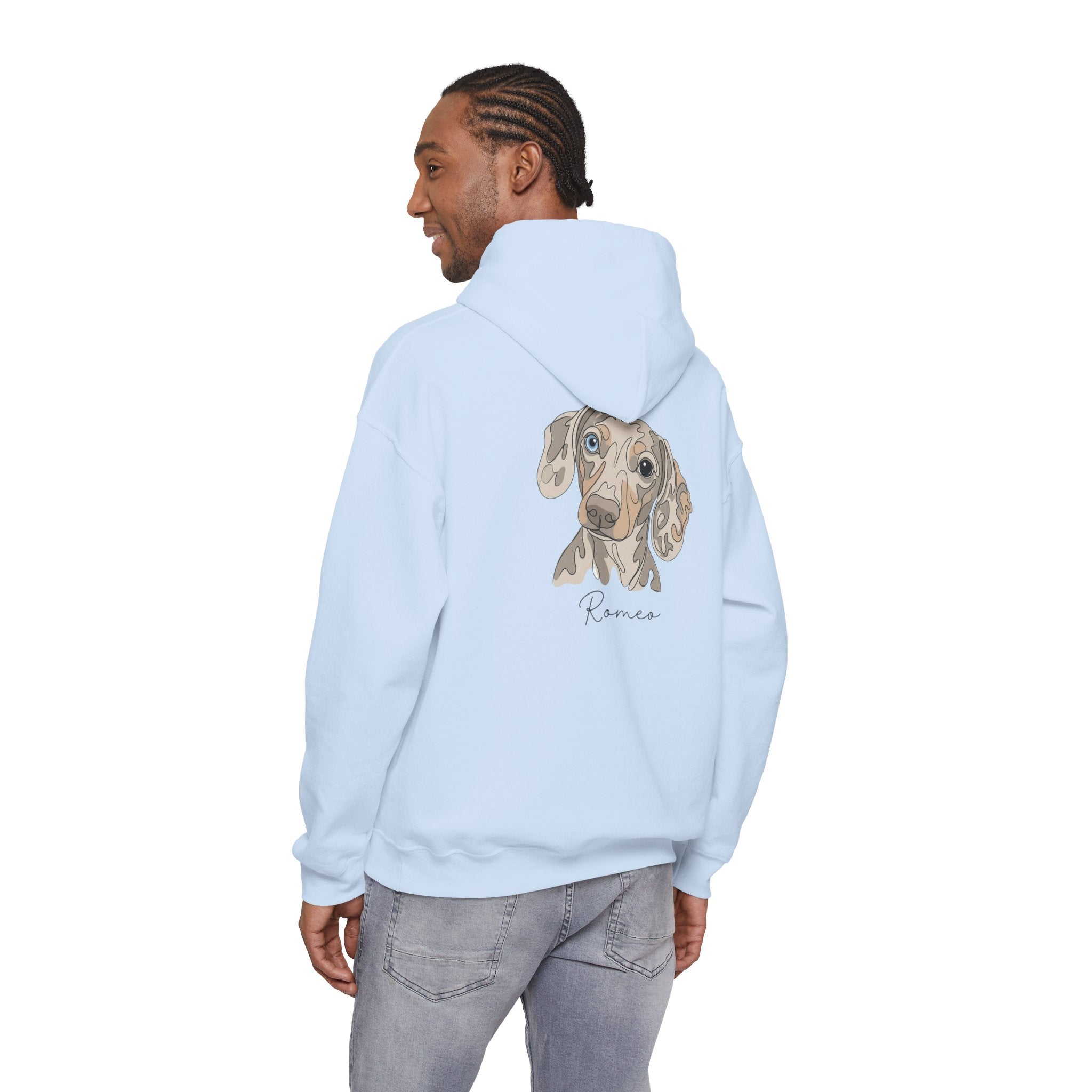 Romeo Personalized Dog Portrait Hoodie — "ROMEO" Front Text & Custom Back Pet Illustration