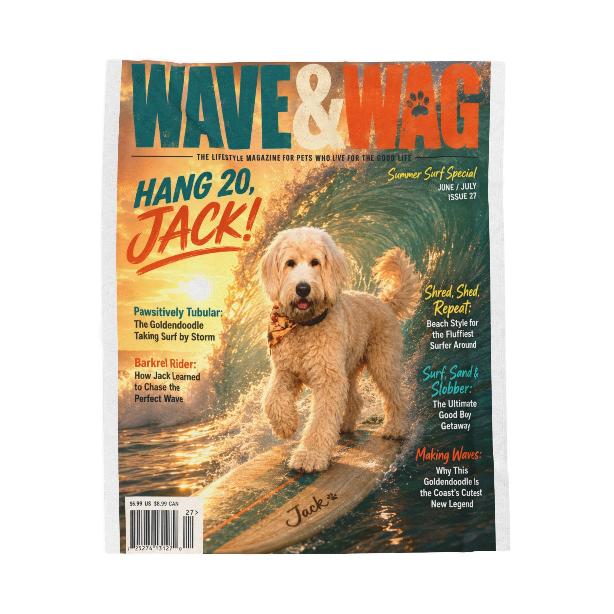 Wave & Wag Personalized Pet Blanket — Custom Surf Magazine Cover Velveteen Plush Throw, 3 Sizes