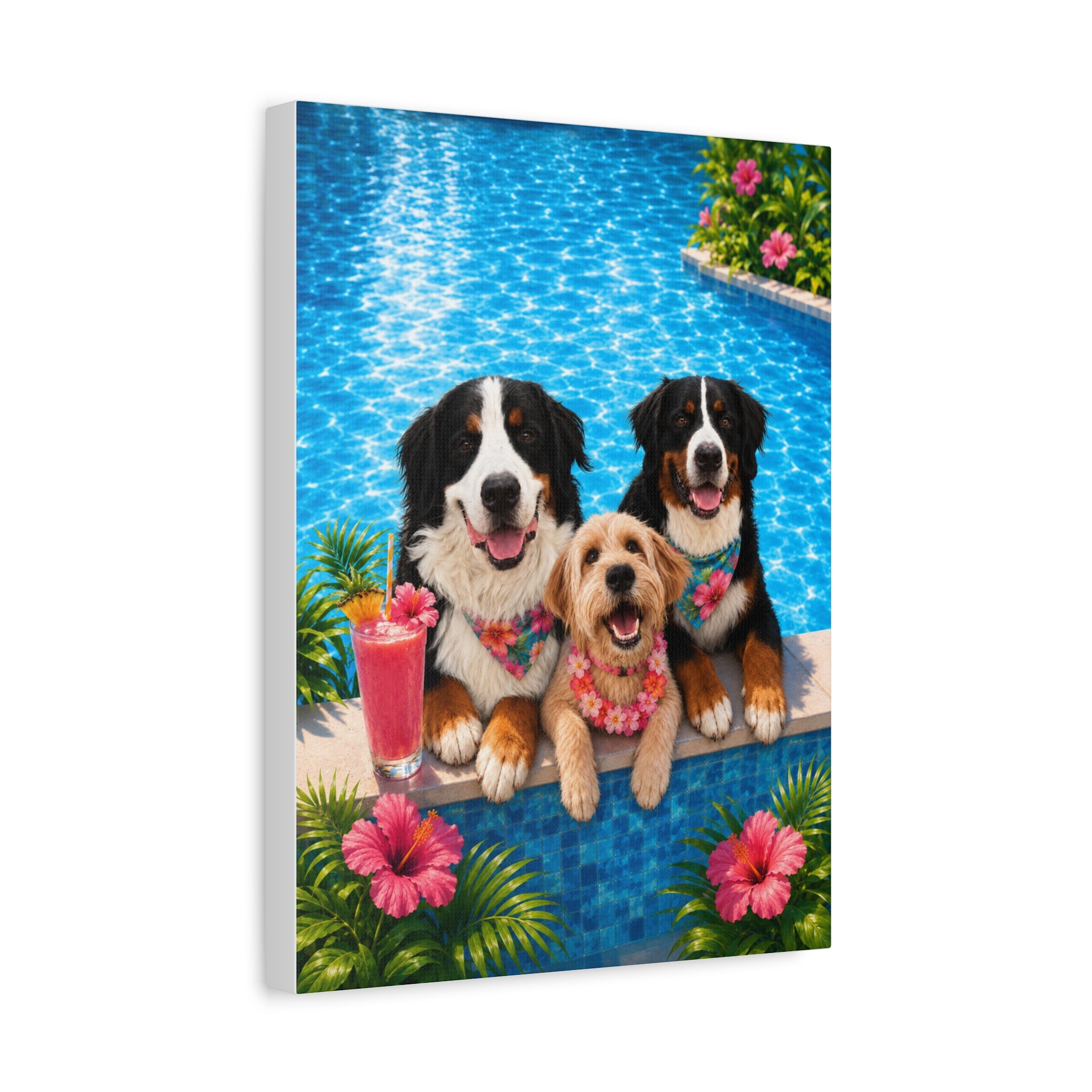 Pool Pawty Personalized Pet Canvas — Custom Tropical Portrait Stretched Canvas Wall Art, 1-3 Pets