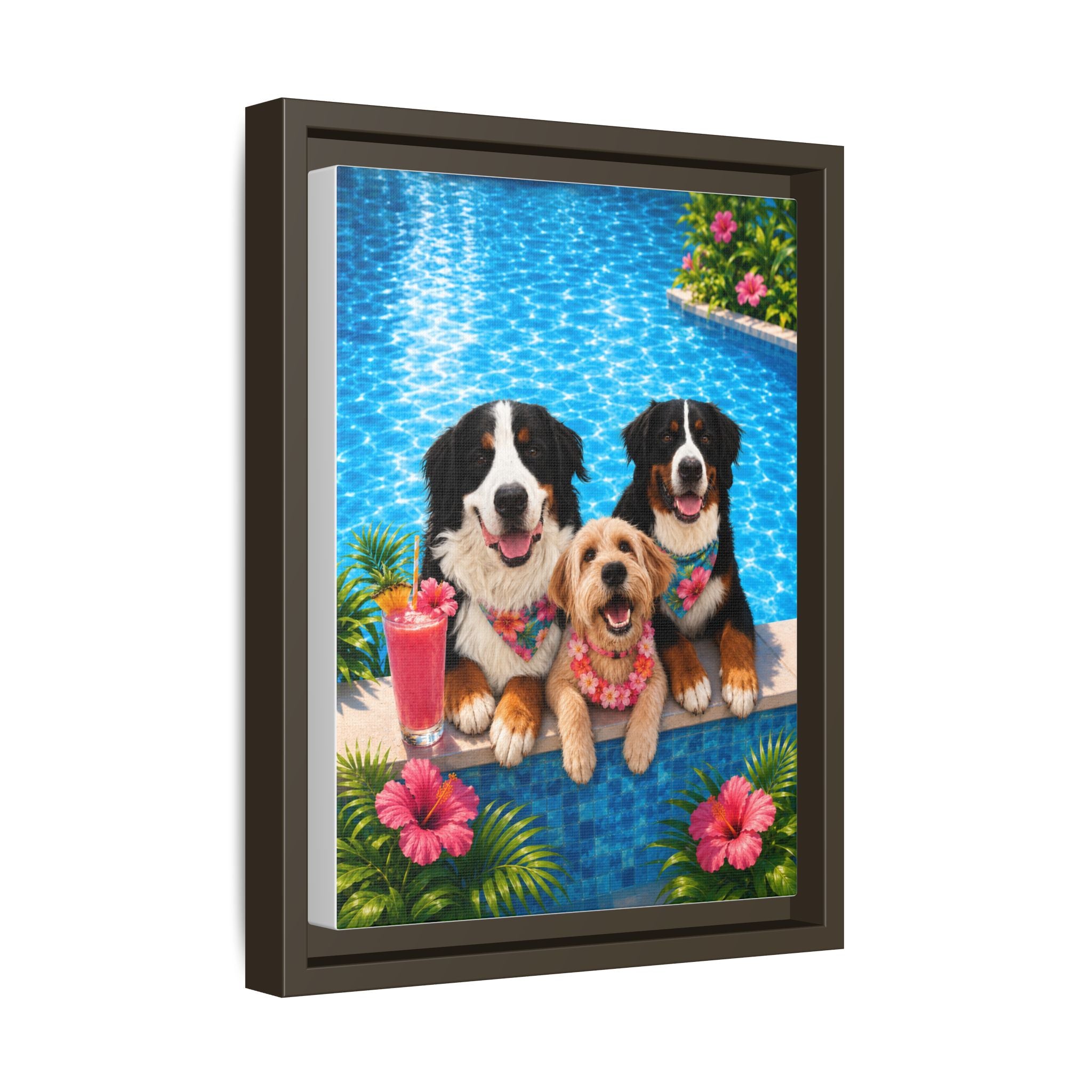 Pool Pawty Personalized Pet Framed Canvas — Custom Tropical Portrait Framed Wall Art, 1-3 Pets