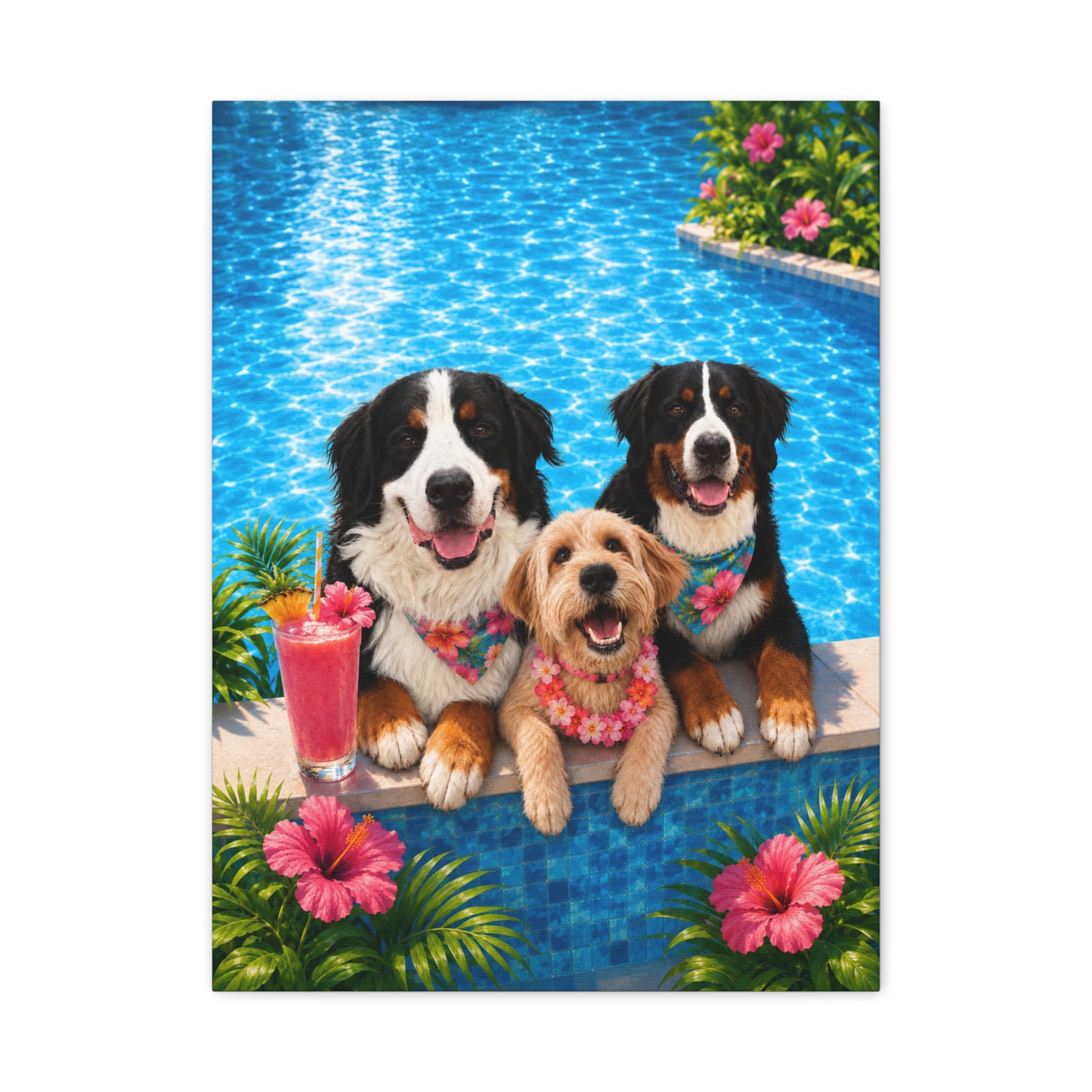 Pool Pawty Personalized Pet Canvas — Custom Tropical Portrait Stretched Canvas Wall Art, 1-3 Pets