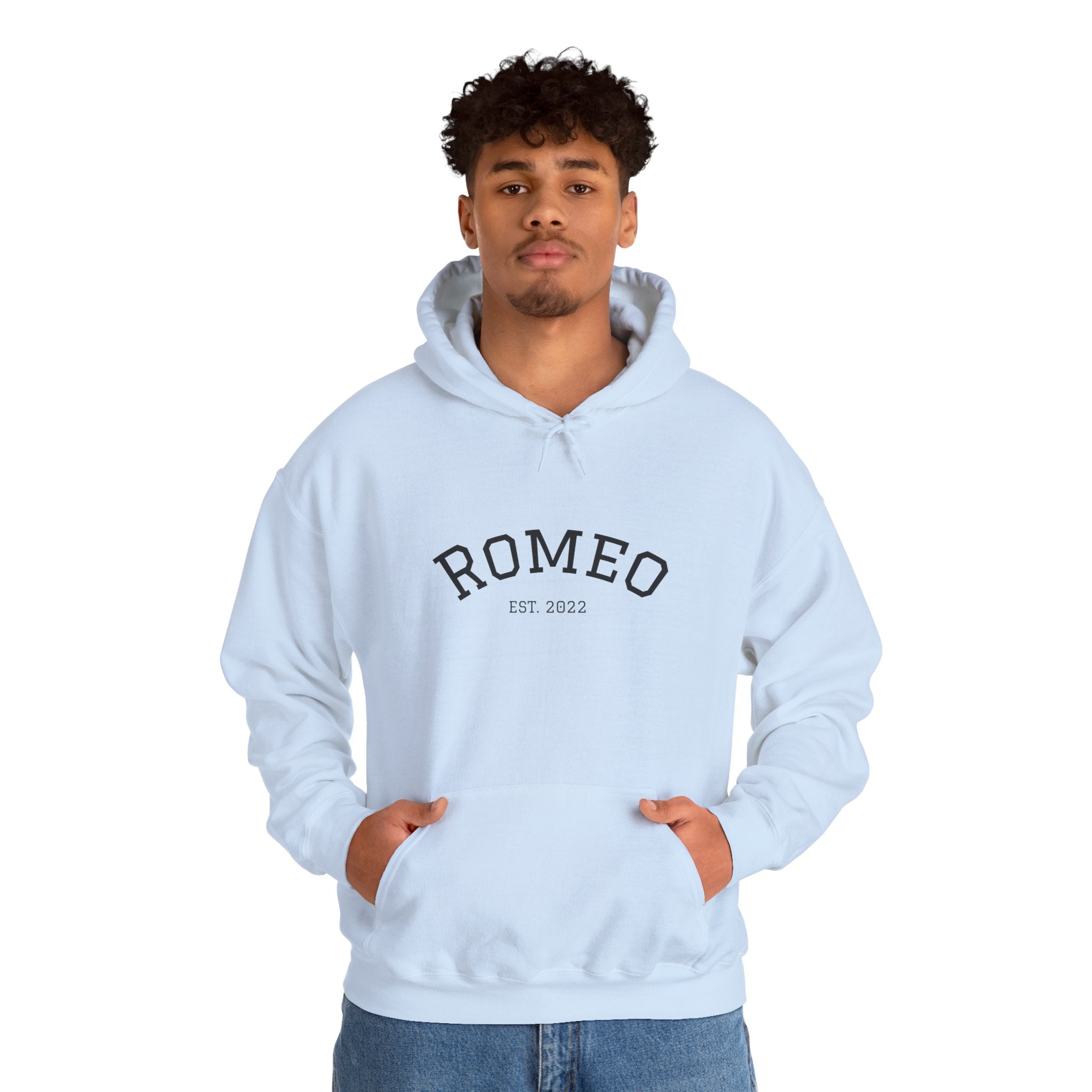 Romeo Personalized Dog Portrait Hoodie — "ROMEO" Front Text & Custom Back Pet Illustration