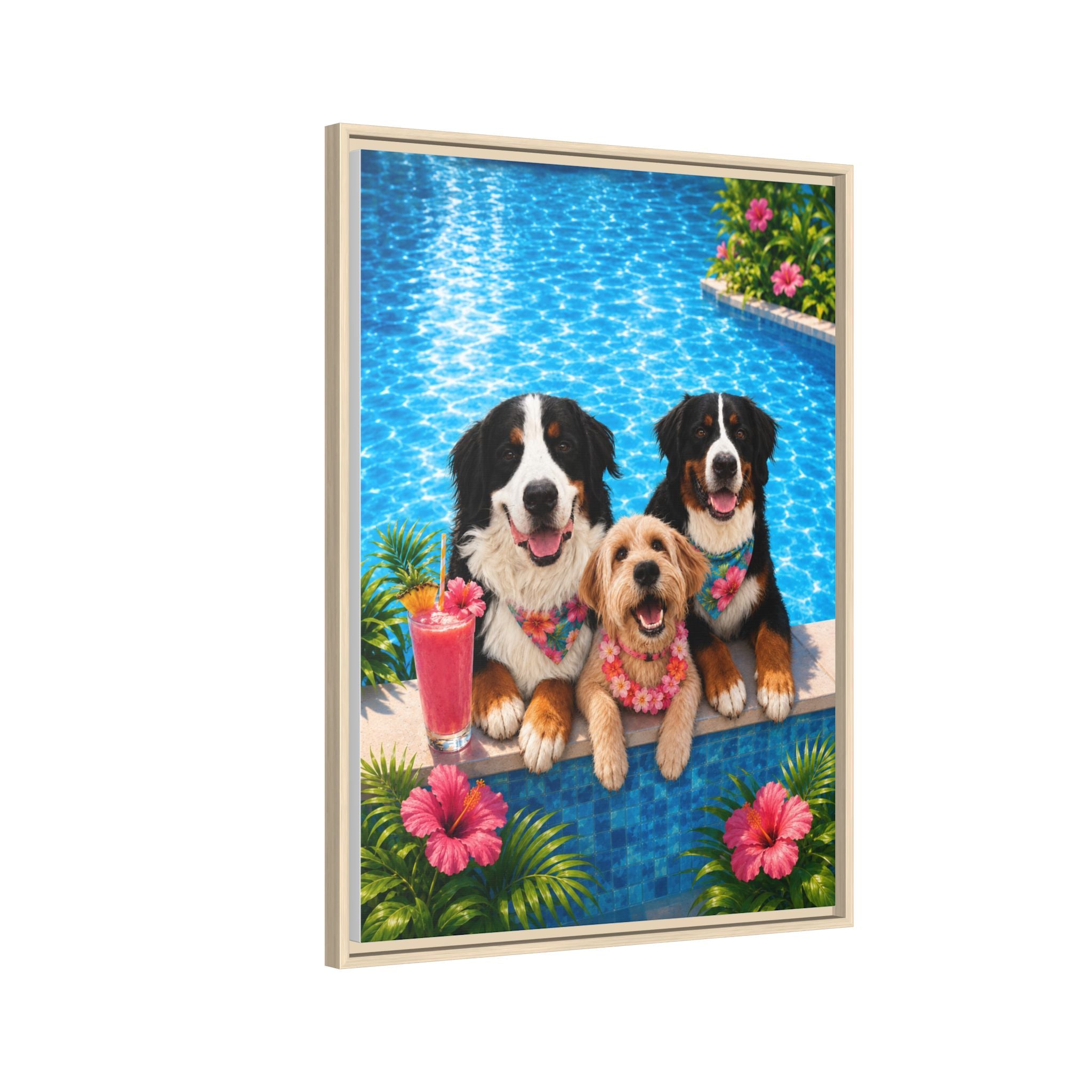 Pool Pawty Personalized Pet Framed Canvas — Custom Tropical Portrait Framed Wall Art, 1-3 Pets
