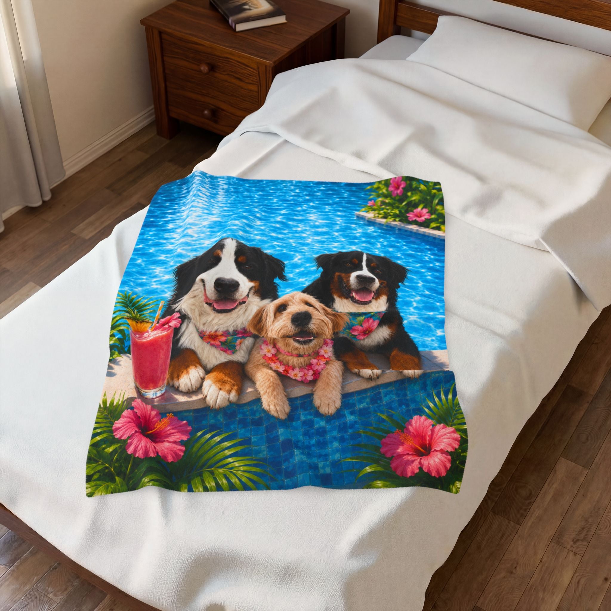 Pool Pawty Personalized Pet Blanket — Custom Tropical Portrait Velveteen Plush Throw, 3 Sizes