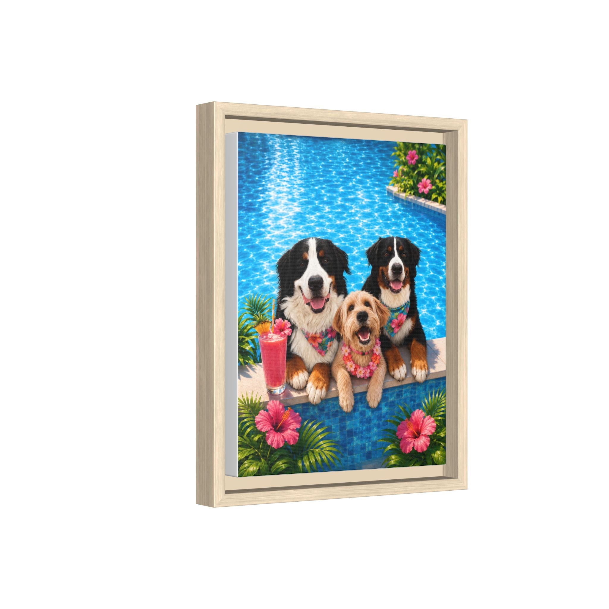 Pool Pawty Personalized Pet Framed Canvas — Custom Tropical Portrait Framed Wall Art, 1-3 Pets