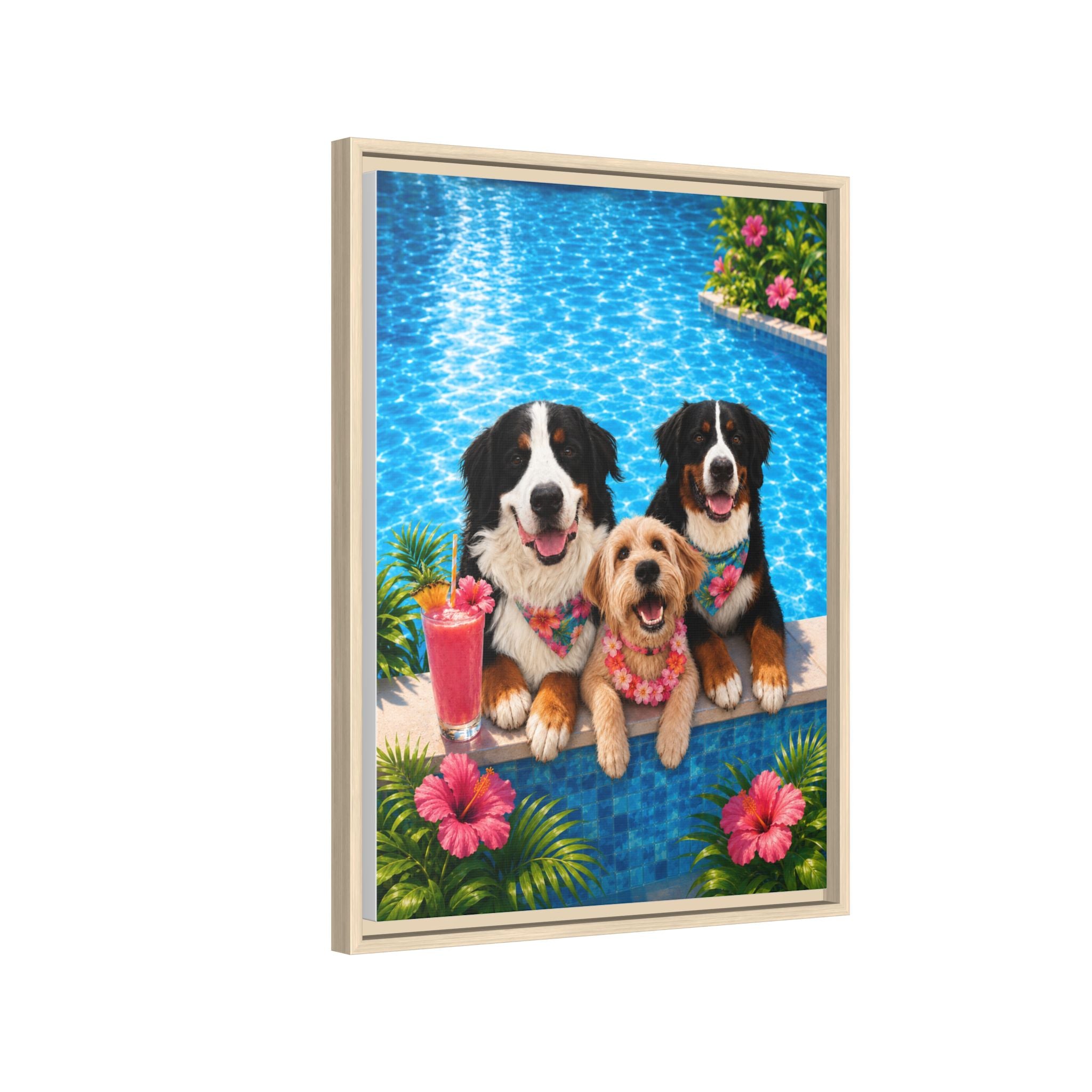 Pool Pawty Personalized Pet Framed Canvas — Custom Tropical Portrait Framed Wall Art, 1-3 Pets