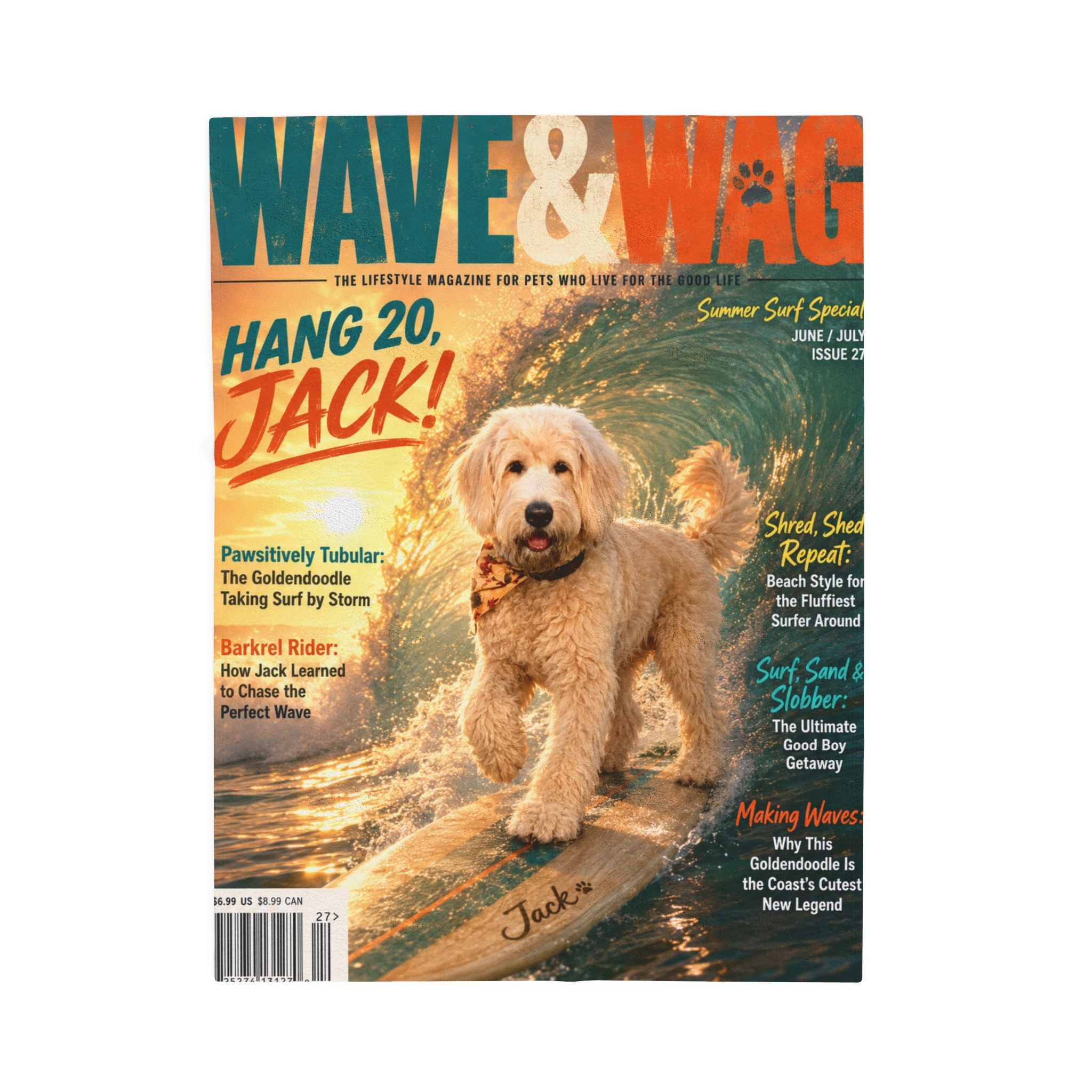 Wave & Wag Personalized Pet Blanket — Custom Surf Magazine Cover Velveteen Plush Throw, 3 Sizes
