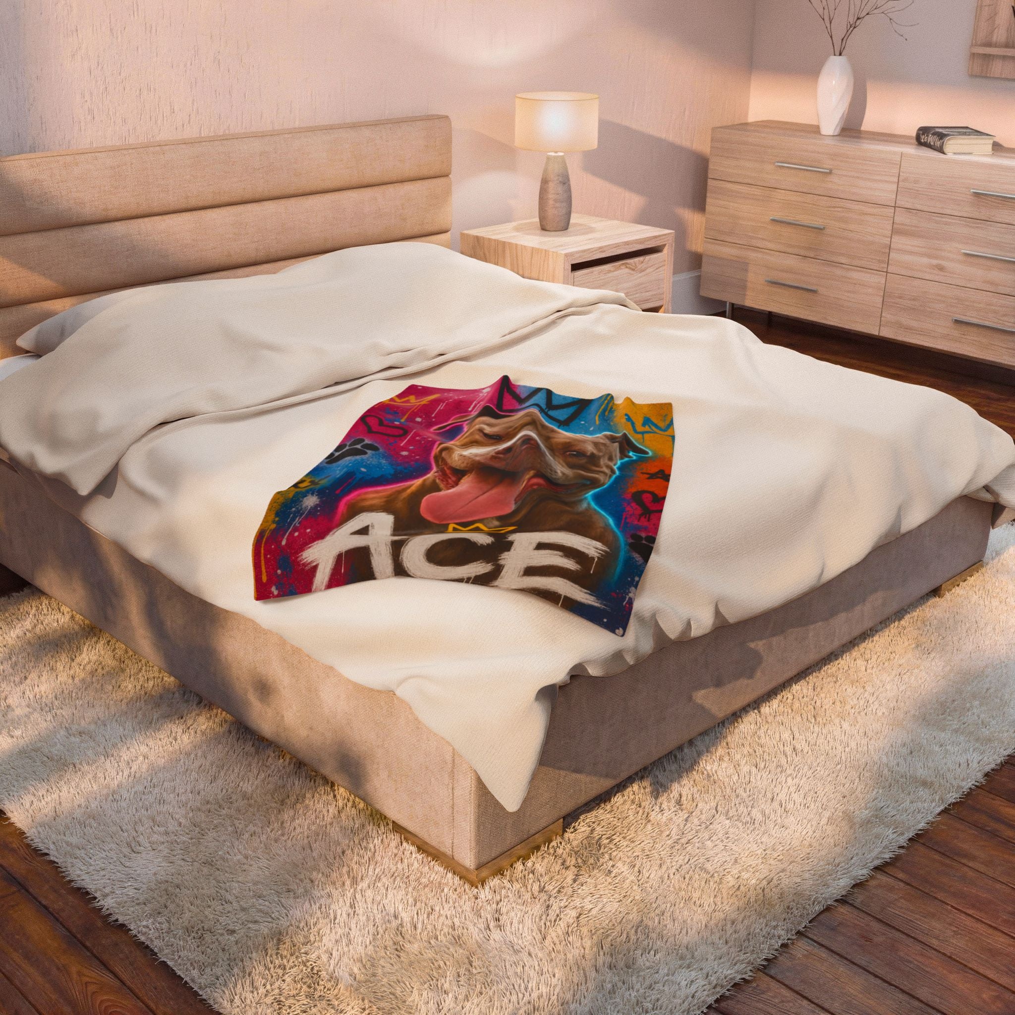Street Art Personalized Pet Blanket — Custom Graffiti Portrait Velveteen Plush Throw, 3 Sizes