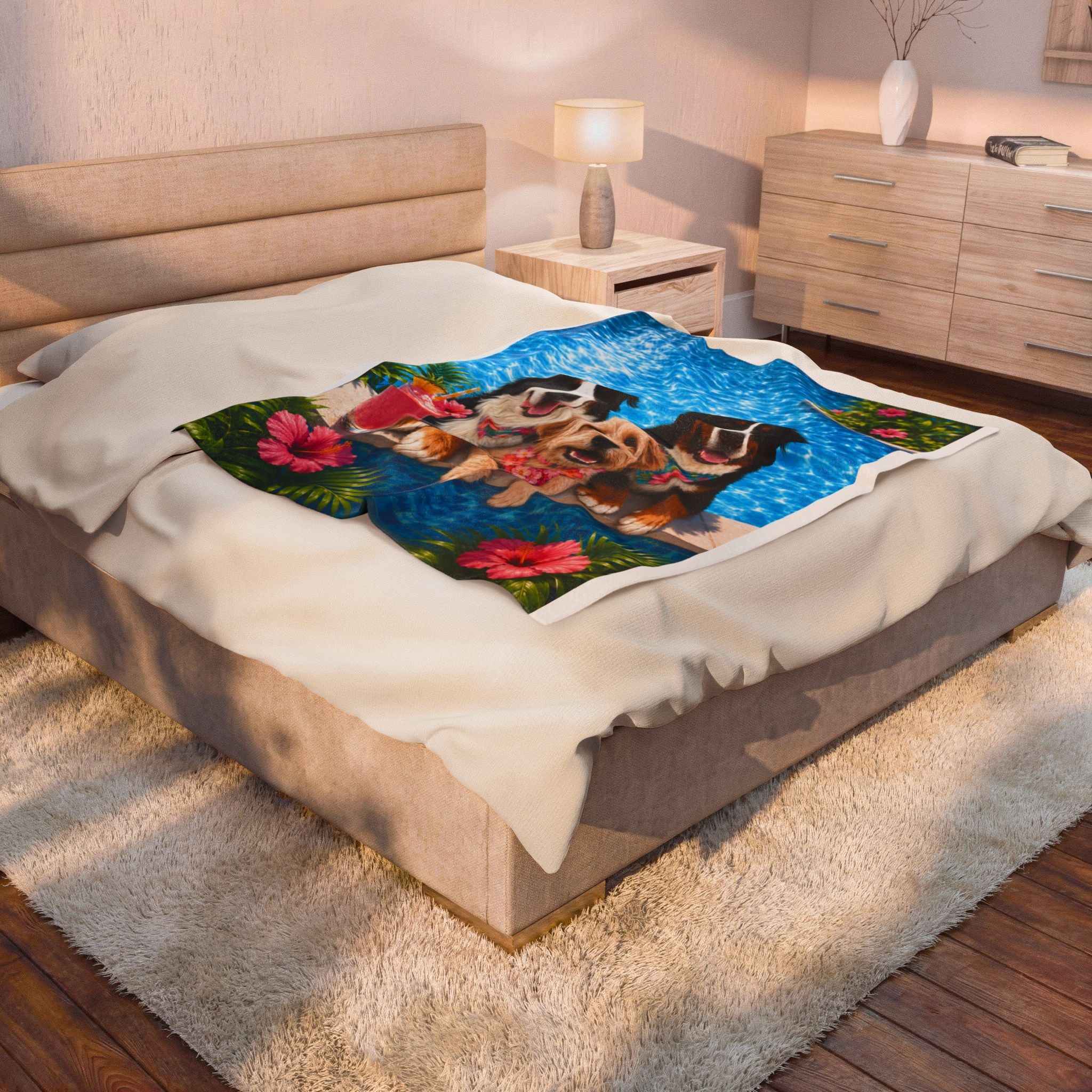 Pool Pawty Personalized Pet Blanket — Custom Tropical Portrait Velveteen Plush Throw, 3 Sizes