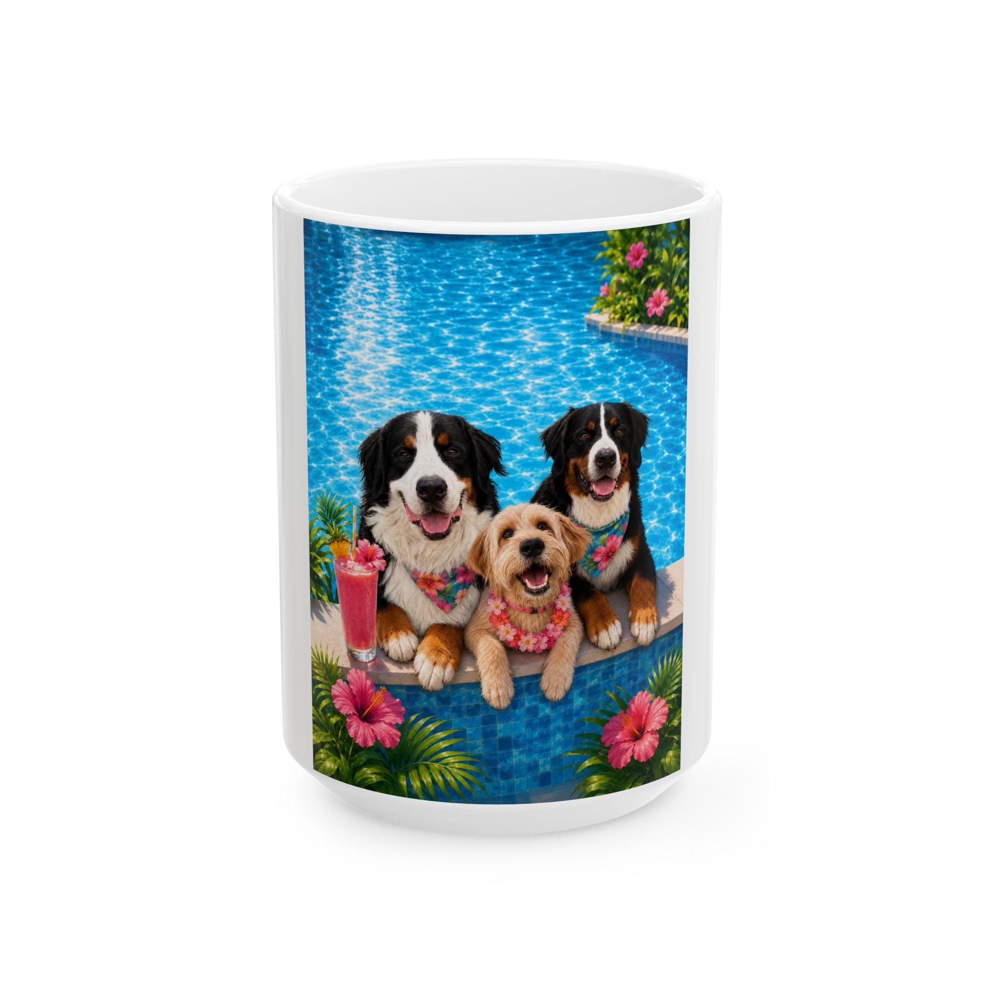 Pool Pawty Personalized Pet Ceramic Mug — Custom Tropical Portrait Coffee Cup, 11oz & 15oz