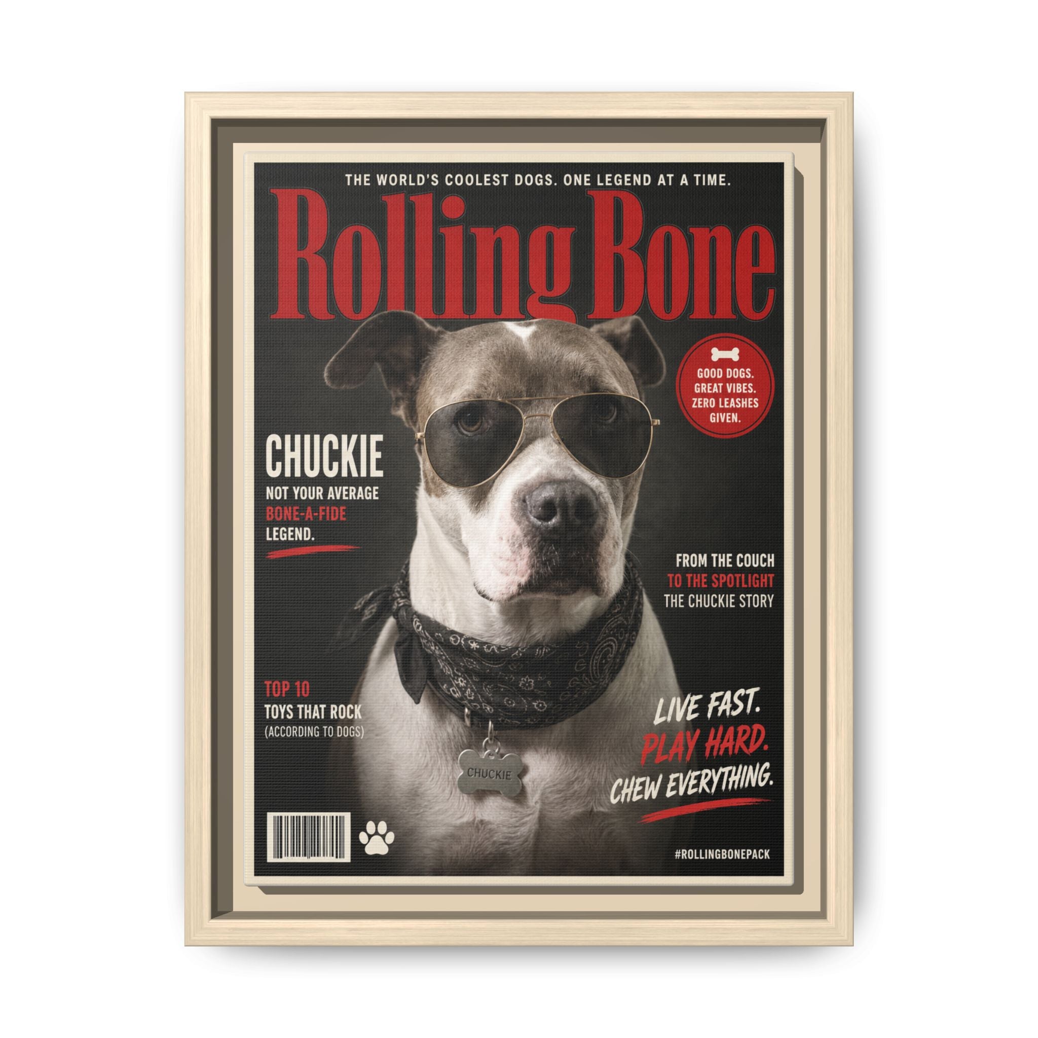 Rolling Bone Magazine Personalized Pet Framed Canvas — Custom Dog Portrait Framed Canvas Wall Art, Made to Order