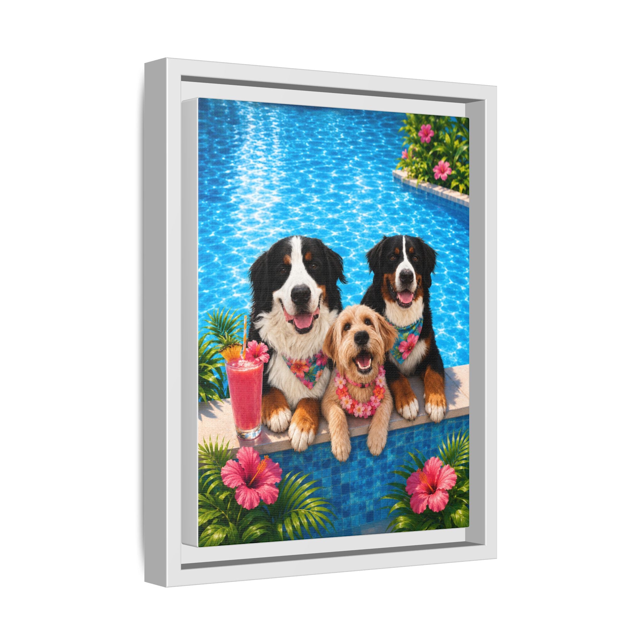 Pool Pawty Personalized Pet Framed Canvas — Custom Tropical Portrait Framed Wall Art, 1-3 Pets