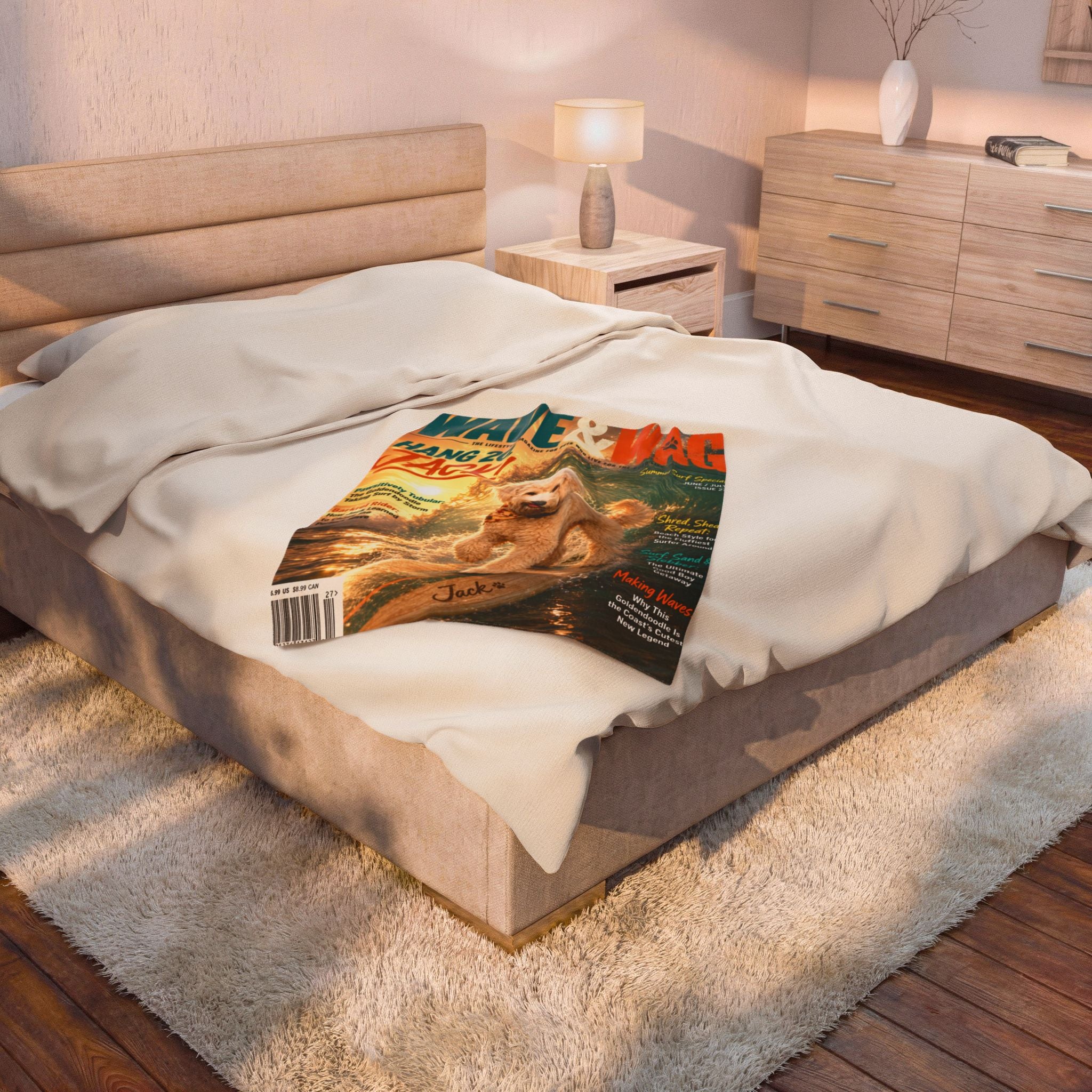 Wave & Wag Personalized Pet Blanket — Custom Surf Magazine Cover Velveteen Plush Throw, 3 Sizes