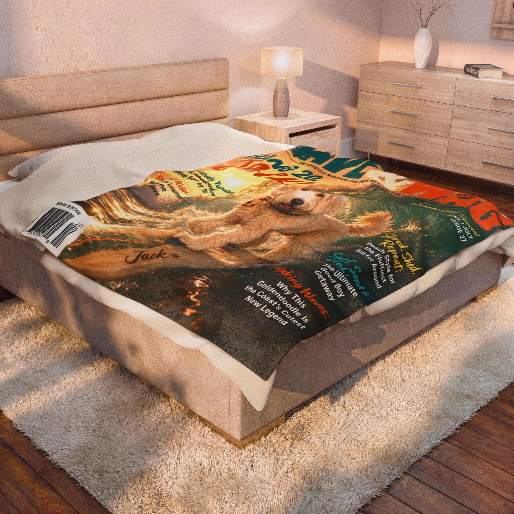 Wave & Wag Personalized Pet Blanket — Custom Surf Magazine Cover Velveteen Plush Throw, 3 Sizes