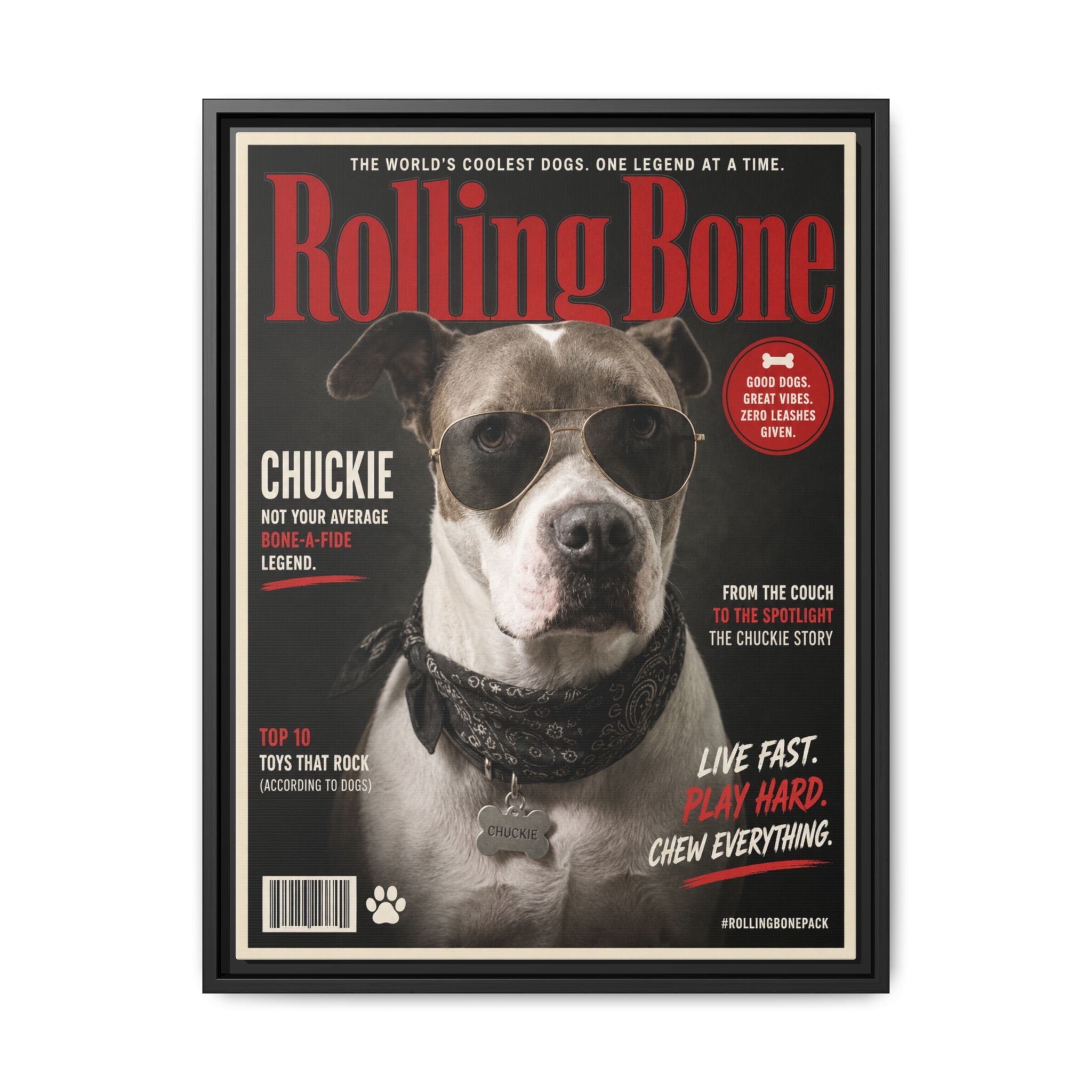 Rolling Bone Magazine Personalized Pet Framed Canvas — Custom Dog Portrait Framed Canvas Wall Art, Made to Order