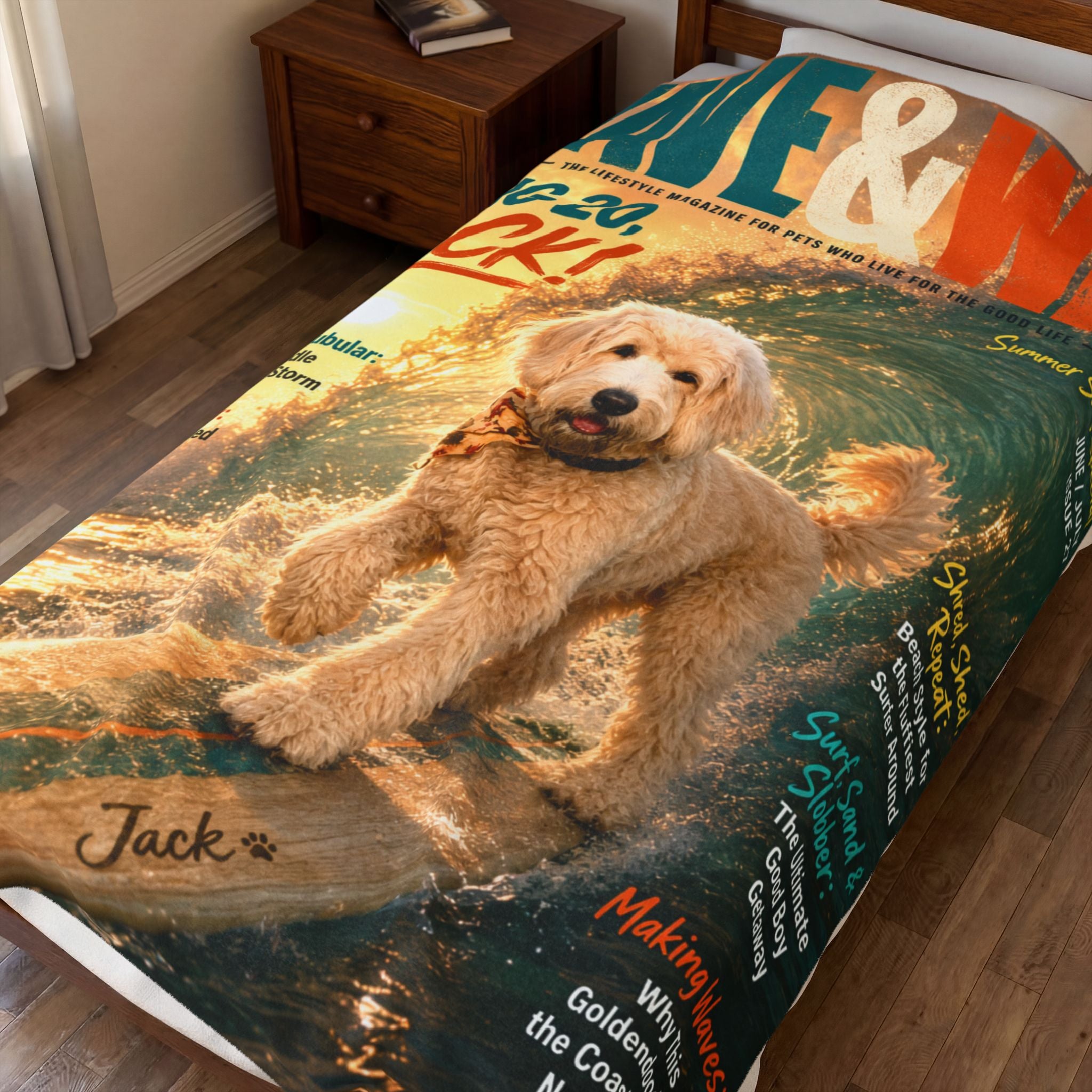 Wave & Wag Personalized Pet Blanket — Custom Surf Magazine Cover Velveteen Plush Throw, 3 Sizes