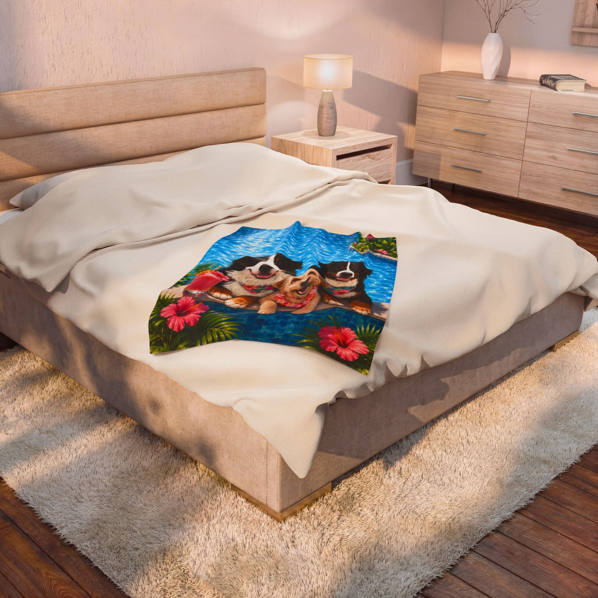 Pool Pawty Personalized Pet Blanket — Custom Tropical Portrait Velveteen Plush Throw, 3 Sizes