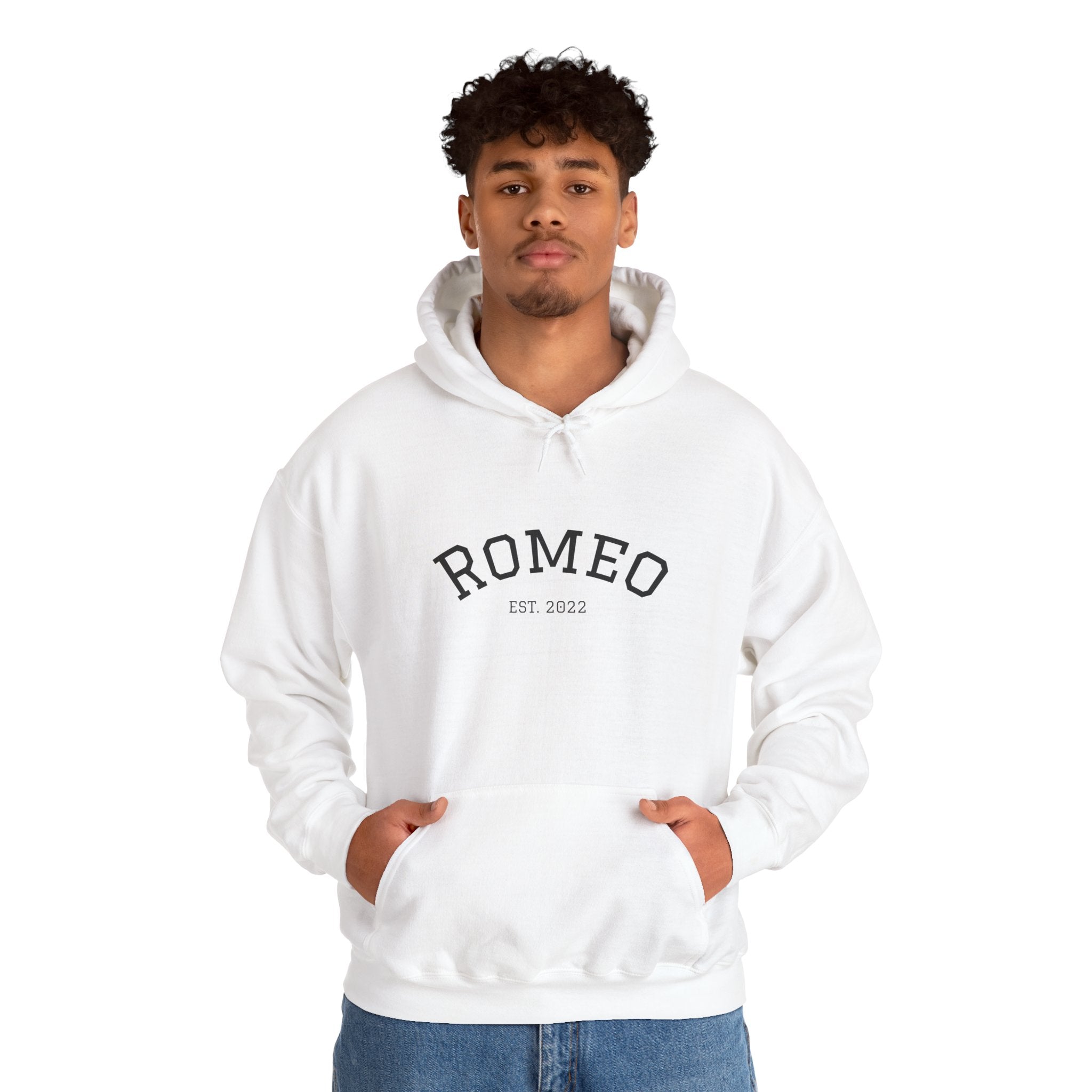 Romeo Personalized Dog Portrait Hoodie — "ROMEO" Front Text & Custom Back Pet Illustration