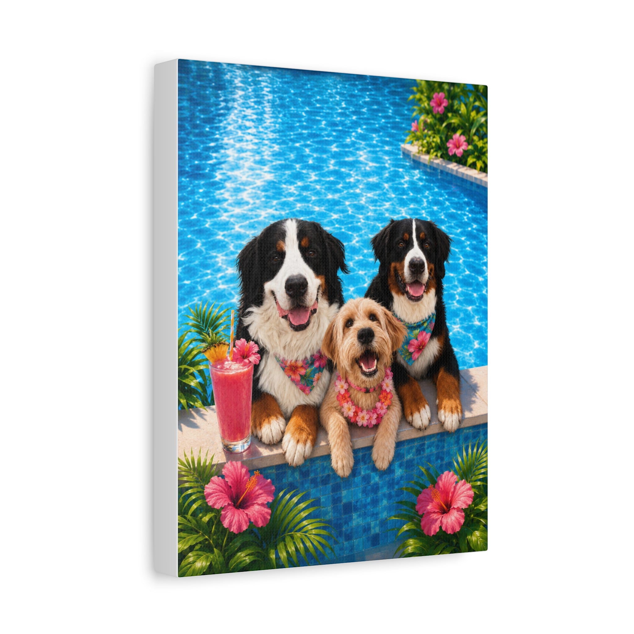 Pool Pawty Personalized Pet Canvas — Custom Tropical Portrait Stretched Canvas Wall Art, 1-3 Pets