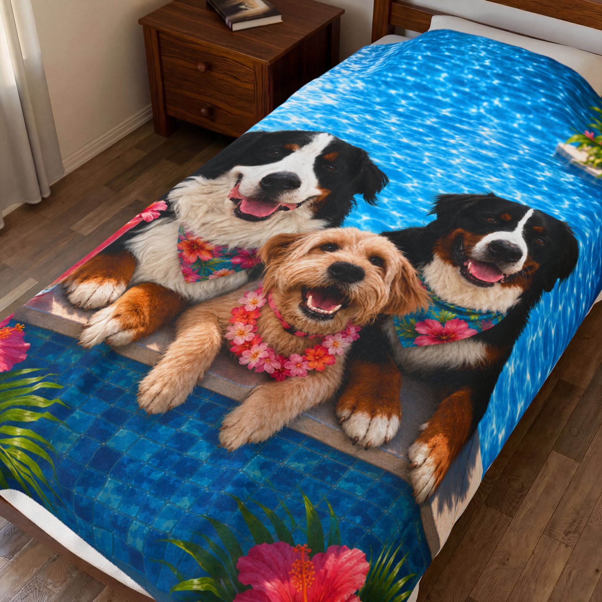 Pool Pawty Personalized Pet Blanket — Custom Tropical Portrait Velveteen Plush Throw, 3 Sizes