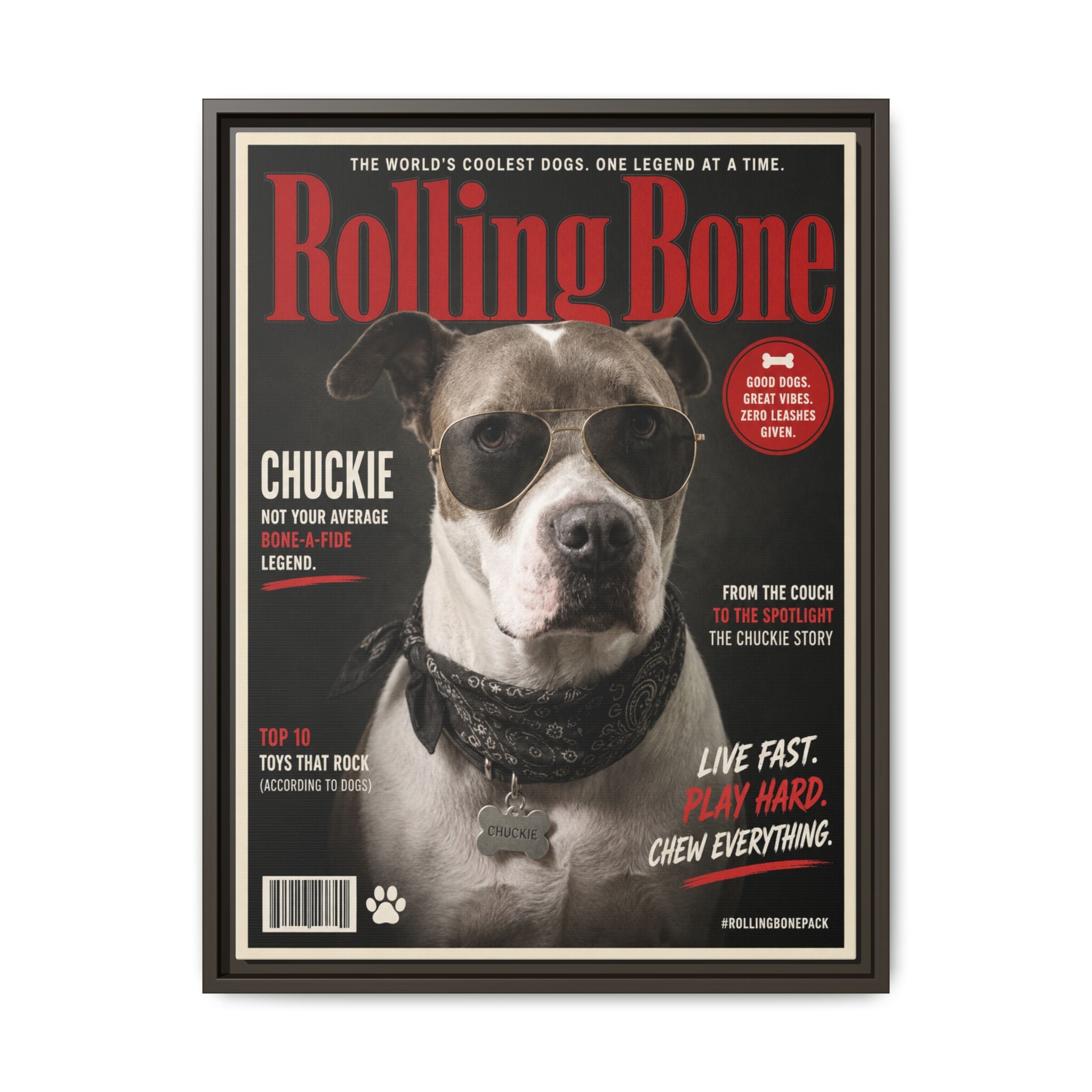 Rolling Bone Magazine Personalized Pet Framed Canvas — Custom Dog Portrait Framed Canvas Wall Art, Made to Order